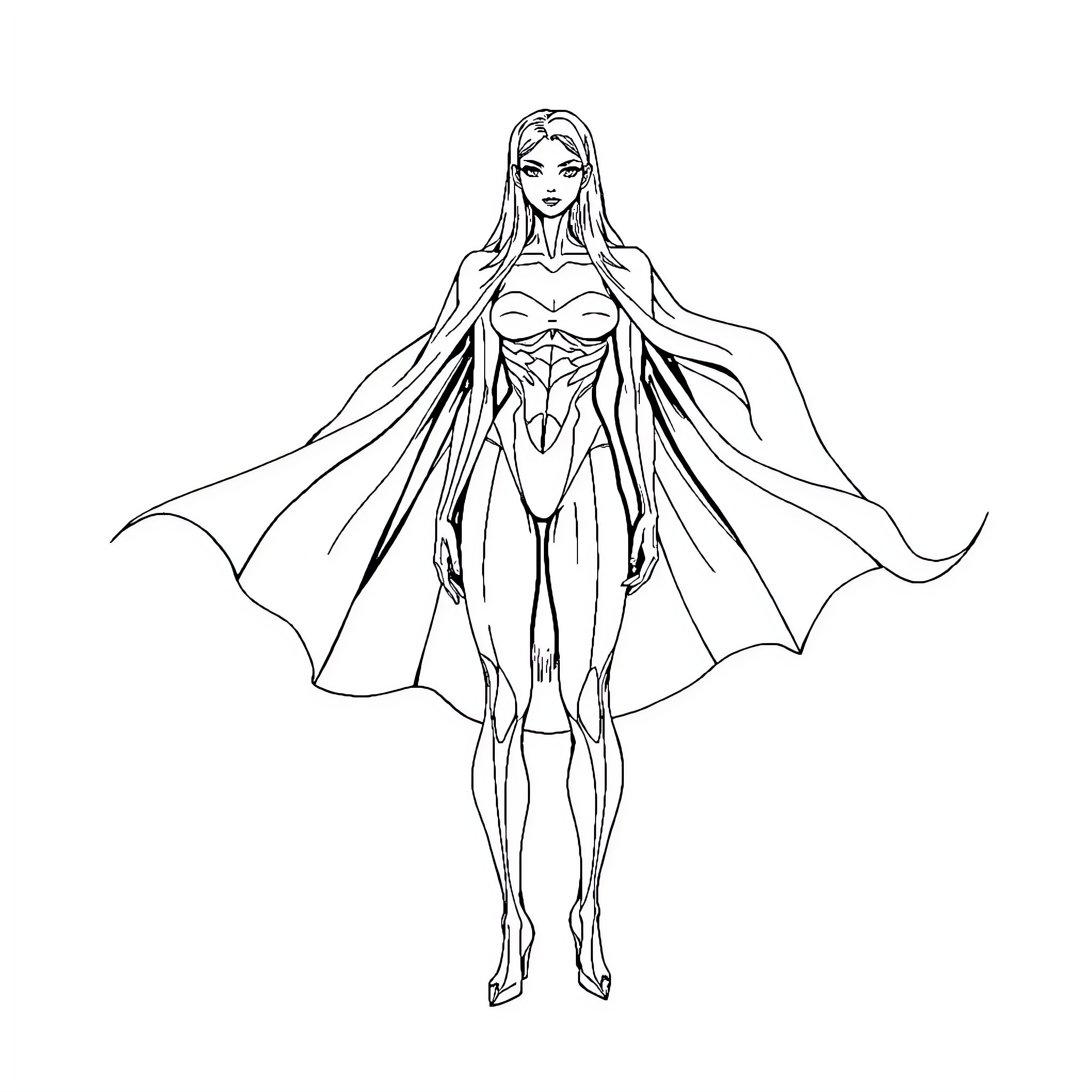 Model in Dramatic Superhero Outfit Coloring Page (free black-and-white line drawing printable PDF for all, from beginners to advanced learners, including children, teens, adults, and seniors)