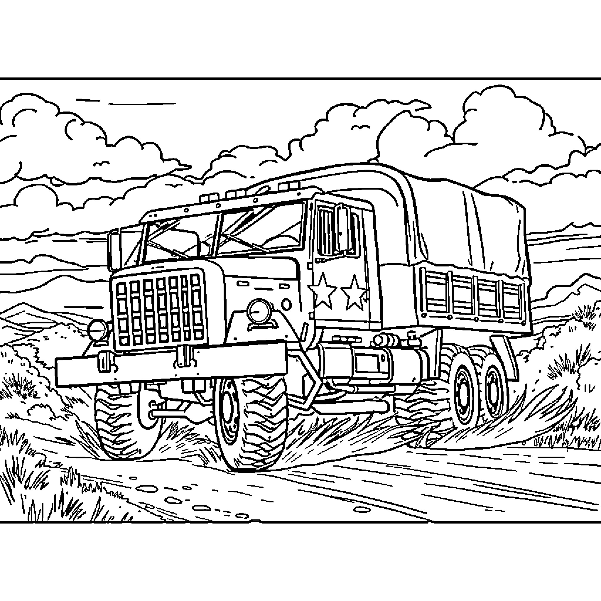 Army Truck driving through rugged terrain Coloring Page (free black-and-white line drawing printable PDF for all, from beginners to advanced learners, including children, teens, adults, and seniors)