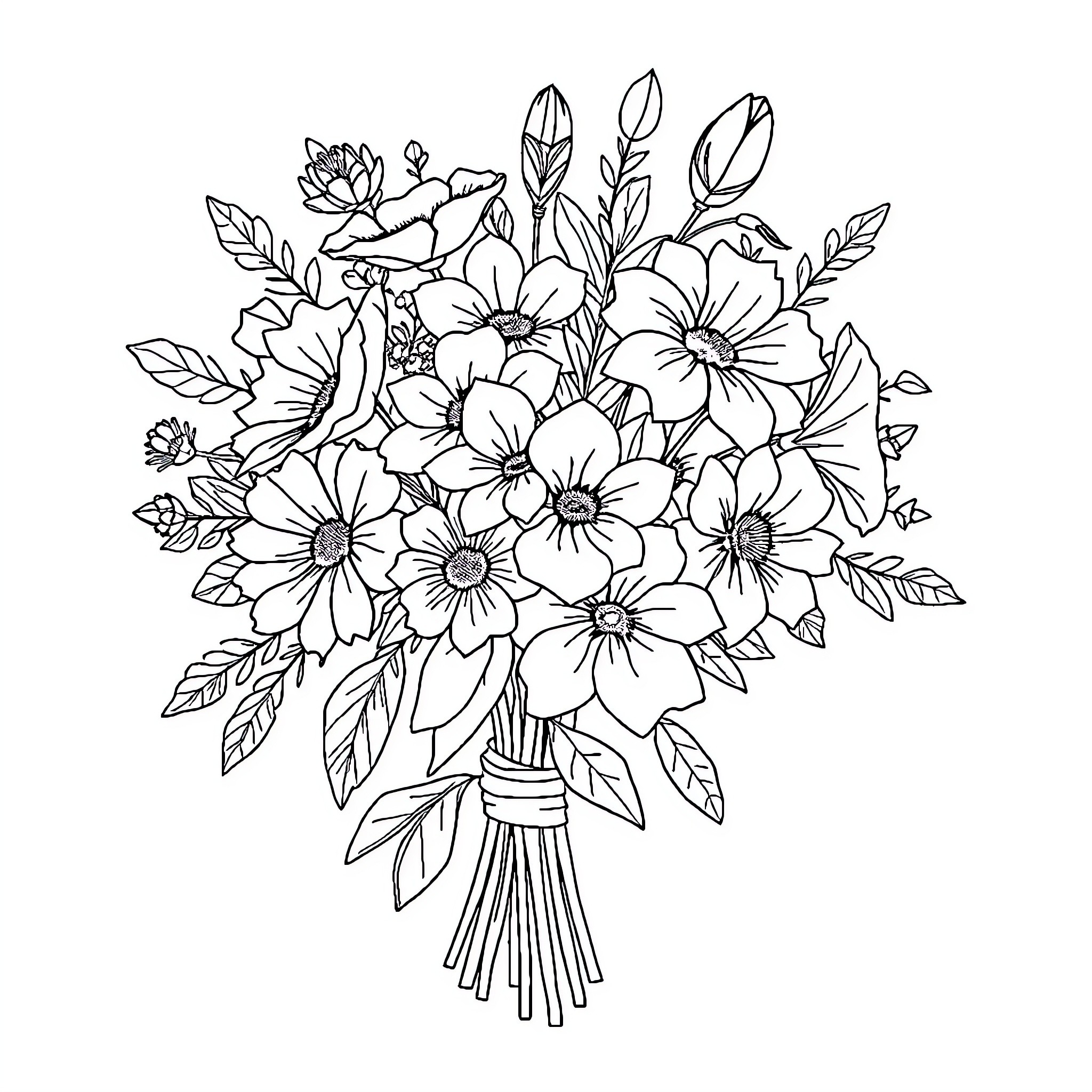 Flower bouquet with blooming flowers Coloring Page (free black-and-white line drawing printable PDF for all, from beginners to advanced learners, including children, teens, adults, and seniors)