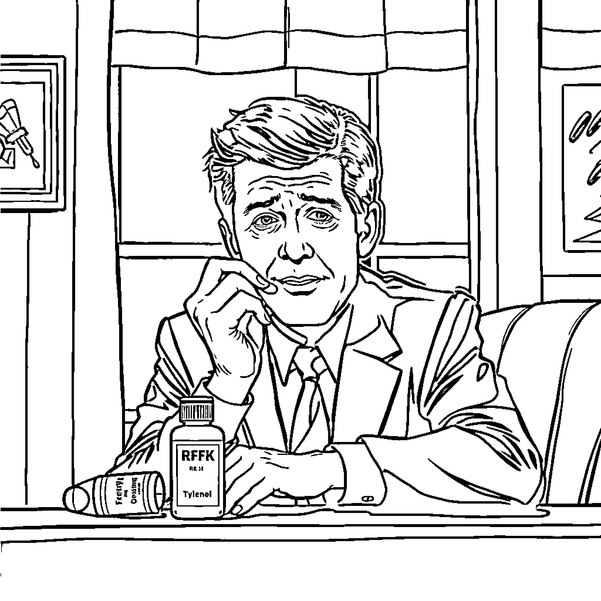 RFK Jr. in Pensive Reflection at His Desk Coloring Page (free black-and-white line drawing printable PDF for all, from beginners to advanced learners, including children, teens, adults, and seniors)
