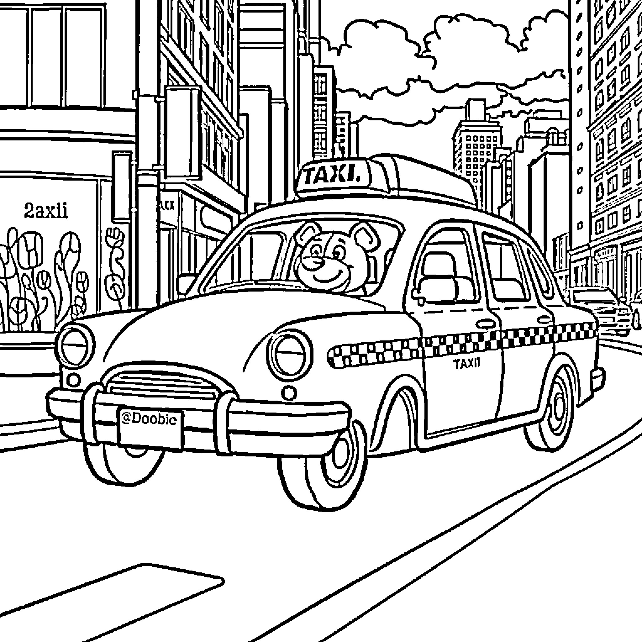 Taxi with cheerful driver in a busy city Coloring Page (free black-and-white line drawing printable PDF for all, from beginners to advanced learners, including children, teens, adults, and seniors)