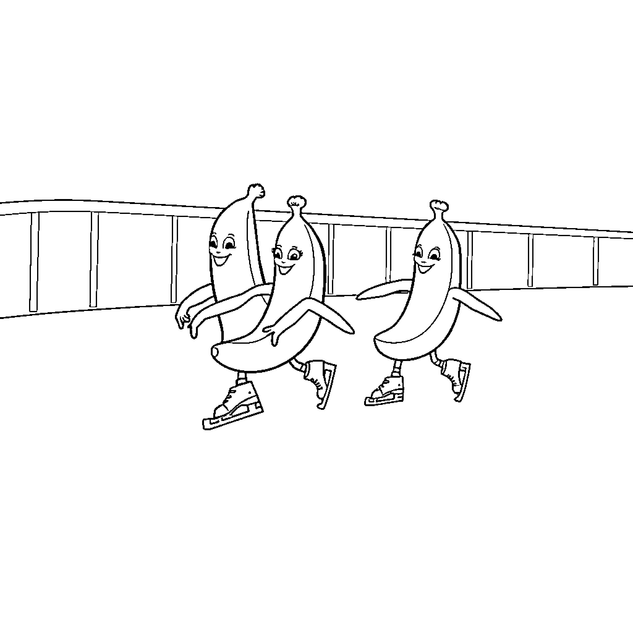 Banana friends ice skating together Coloring Page (free black-and-white line drawing printable PDF for all, from beginners to advanced learners, including children, teens, adults, and seniors)