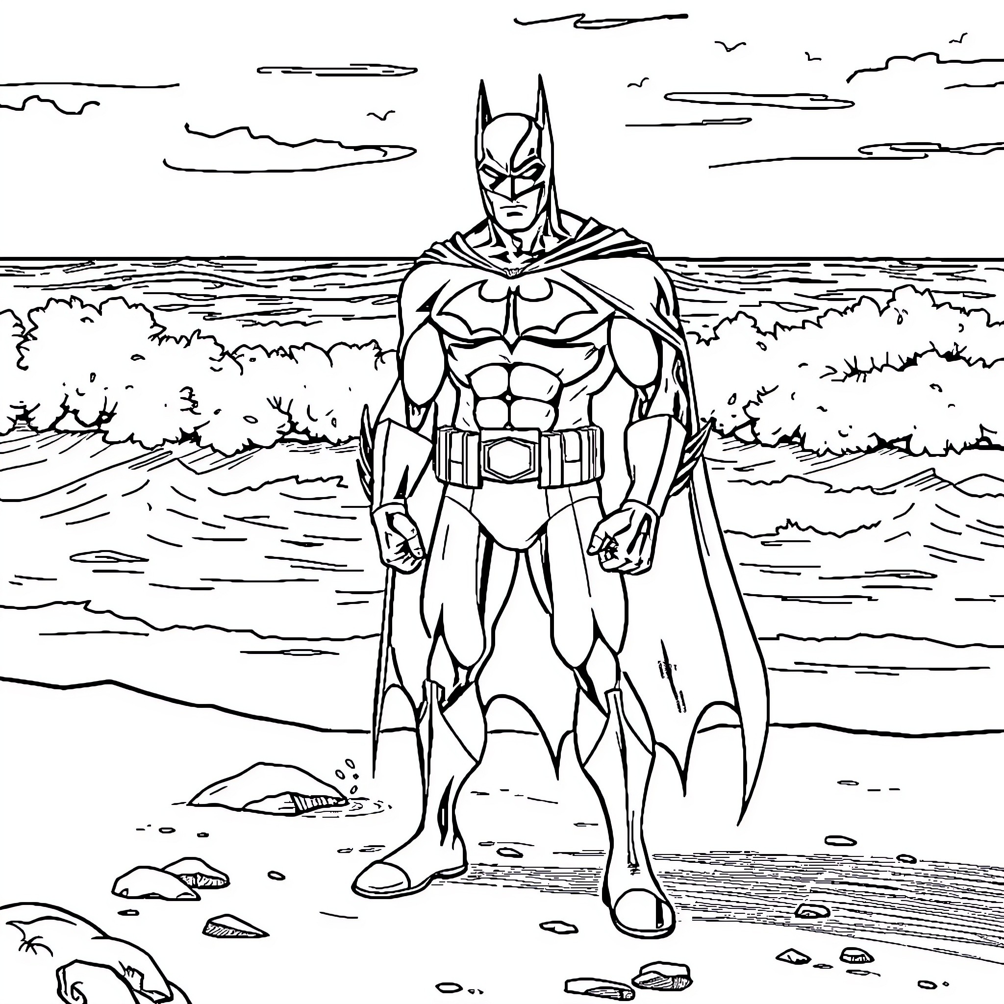 Batman standing heroically on the beach Coloring Page (free black-and-white line drawing printable PDF for all, from beginners to advanced learners, including children, teens, adults, and seniors)