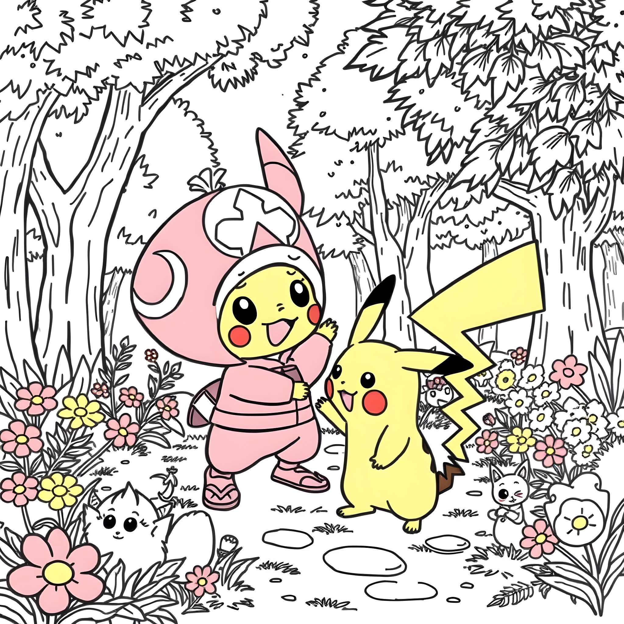 Tony Tony Chopper having a playful adventure with Pikachu in a lush forest Coloring Page (free black-and-white line drawing printable PDF for all, from beginners to advanced learners, including children, teens, adults, and seniors)