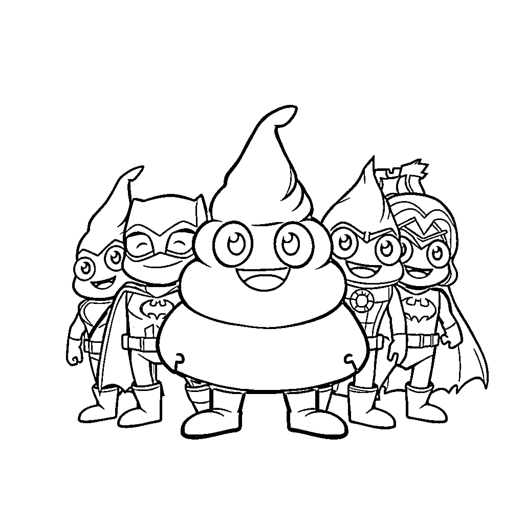 Justice League of Cartoon Characters in Costume Coloring Page (free black-and-white line drawing printable PDF for all, from beginners to advanced learners, including children, teens, adults, and seniors)