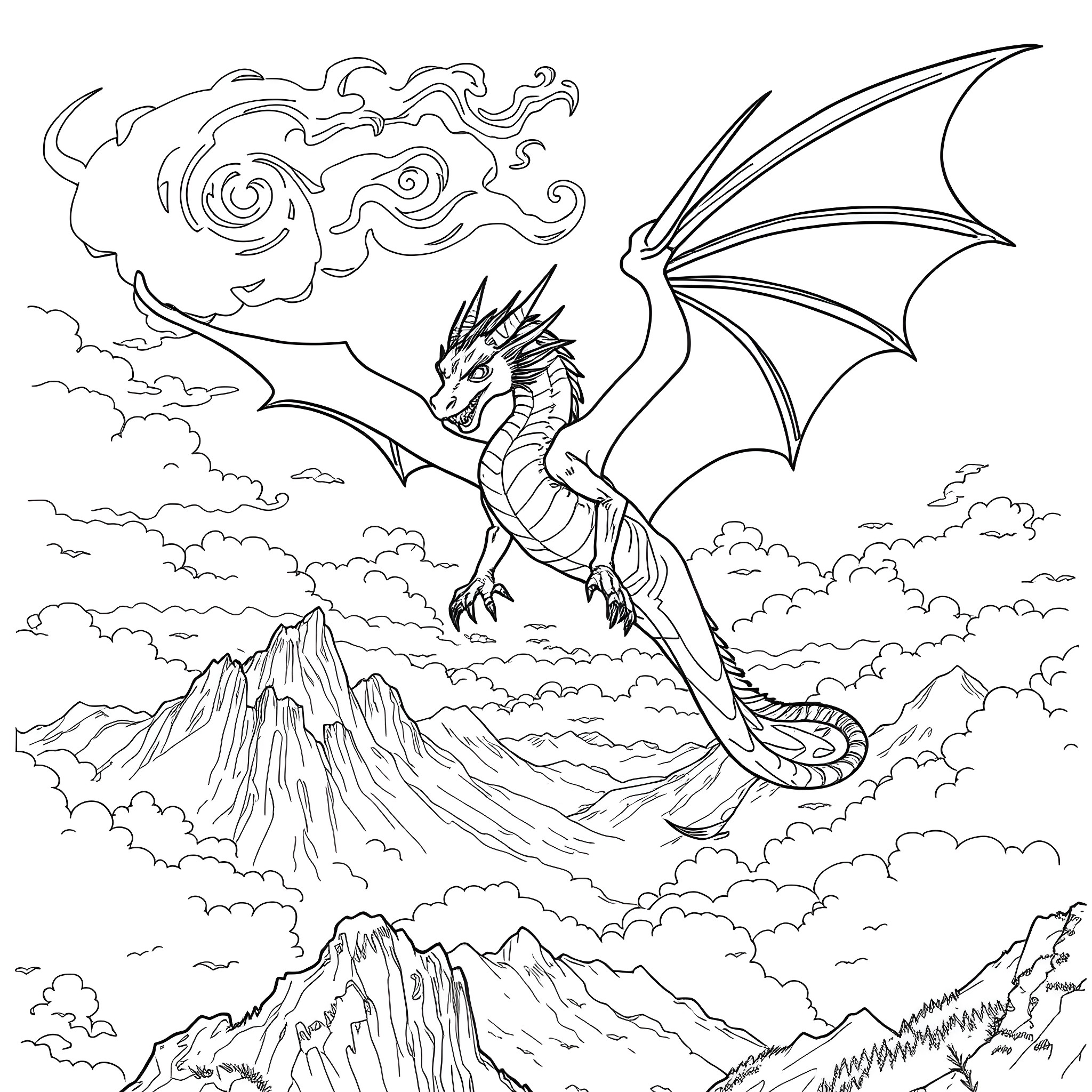 Graceful dragon soaring over majestic mountains Coloring Page (free black-and-white line drawing printable PDF for all, from beginners to advanced learners, including children, teens, adults, and seniors)
