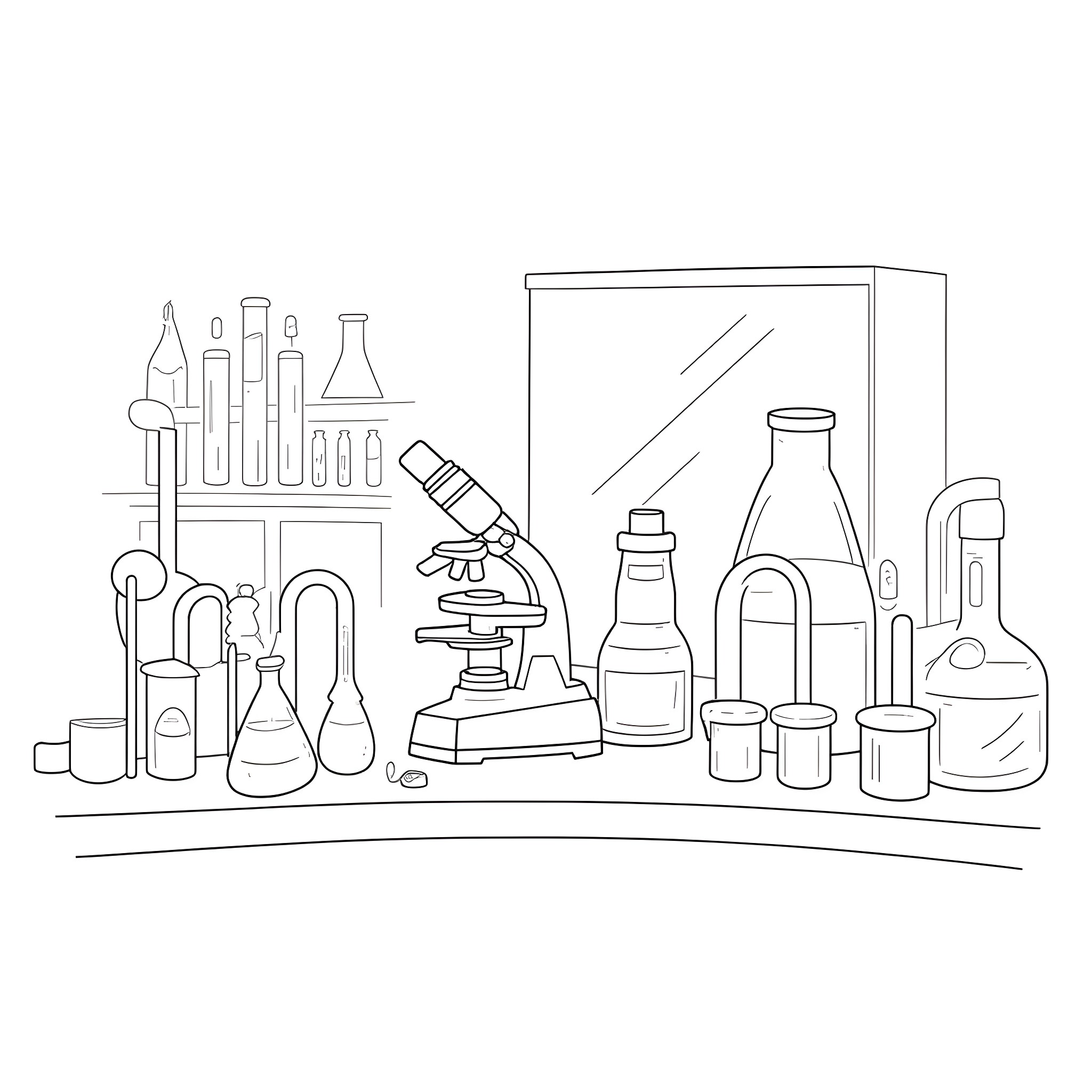 Chemistry Instruments and Glassware Arrangement Coloring Page (free black-and-white line drawing printable PDF for all, from beginners to advanced learners, including children, teens, adults, and seniors)