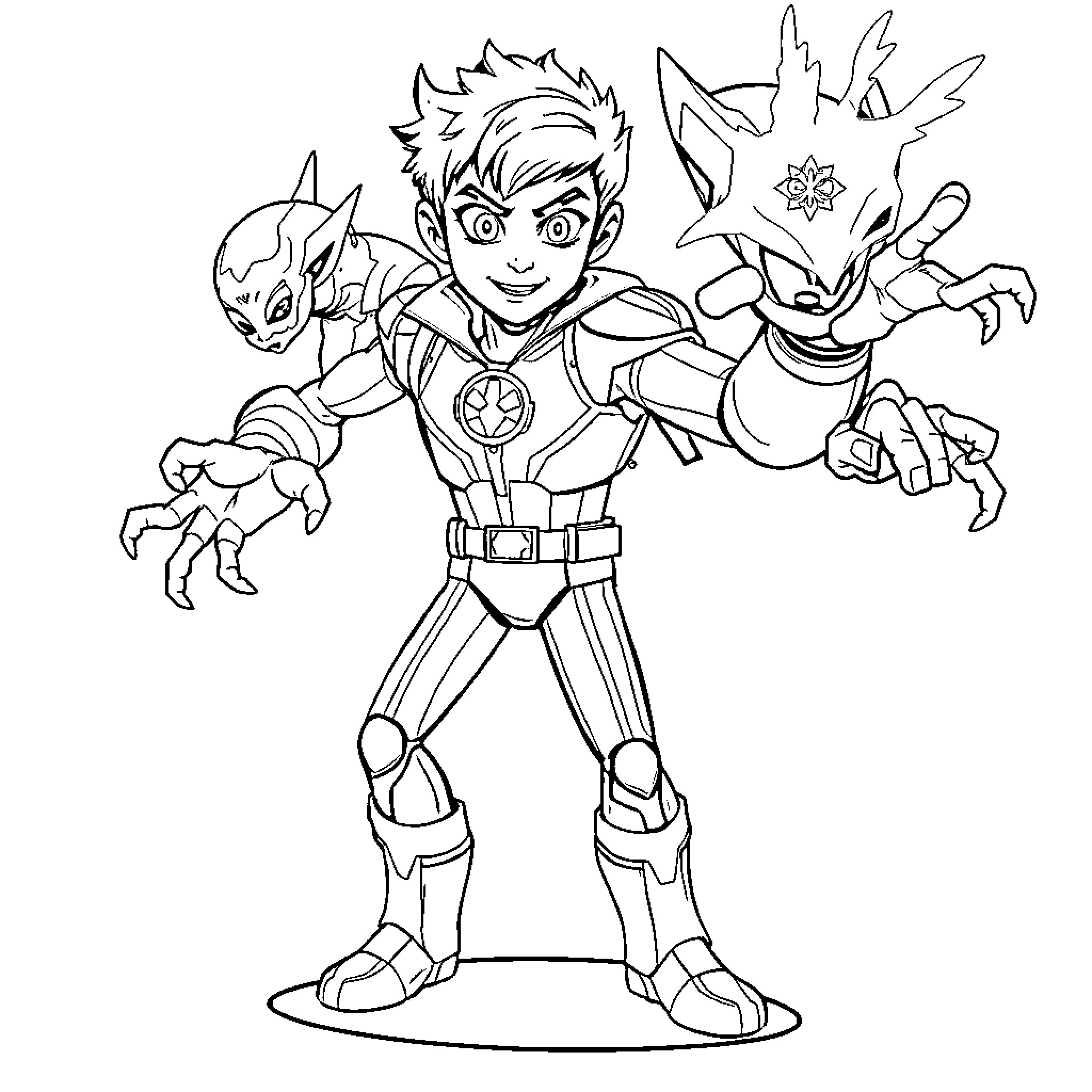 Ben10 engaging in heroic action with alien companions Coloring Page (free black-and-white line drawing printable PDF for all, from beginners to advanced learners, including children, teens, adults, and seniors)