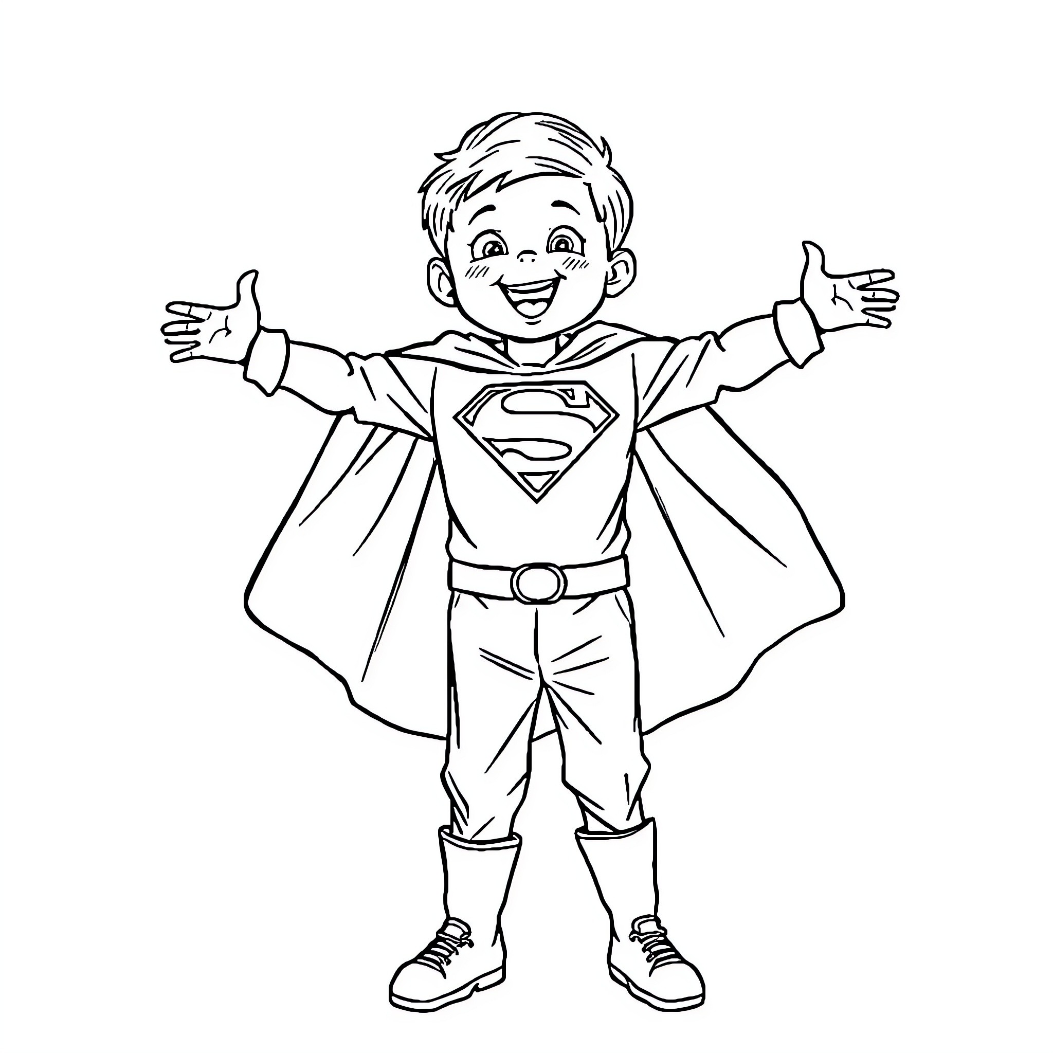Boy playing superhero with outstretched arms Coloring Page (free black-and-white line drawing printable PDF for all, from beginners to advanced learners, including children, teens, adults, and seniors)