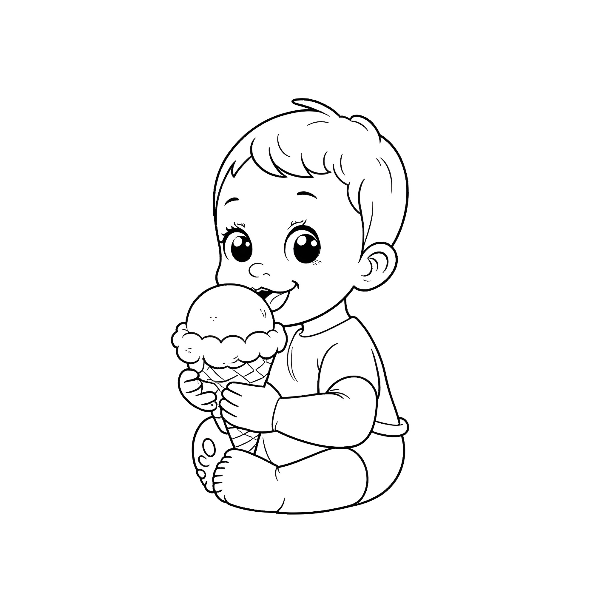 Baby enjoying a delightful ice cream treat Coloring Page (free black-and-white line drawing printable PDF for all, from beginners to advanced learners, including children, teens, adults, and seniors)