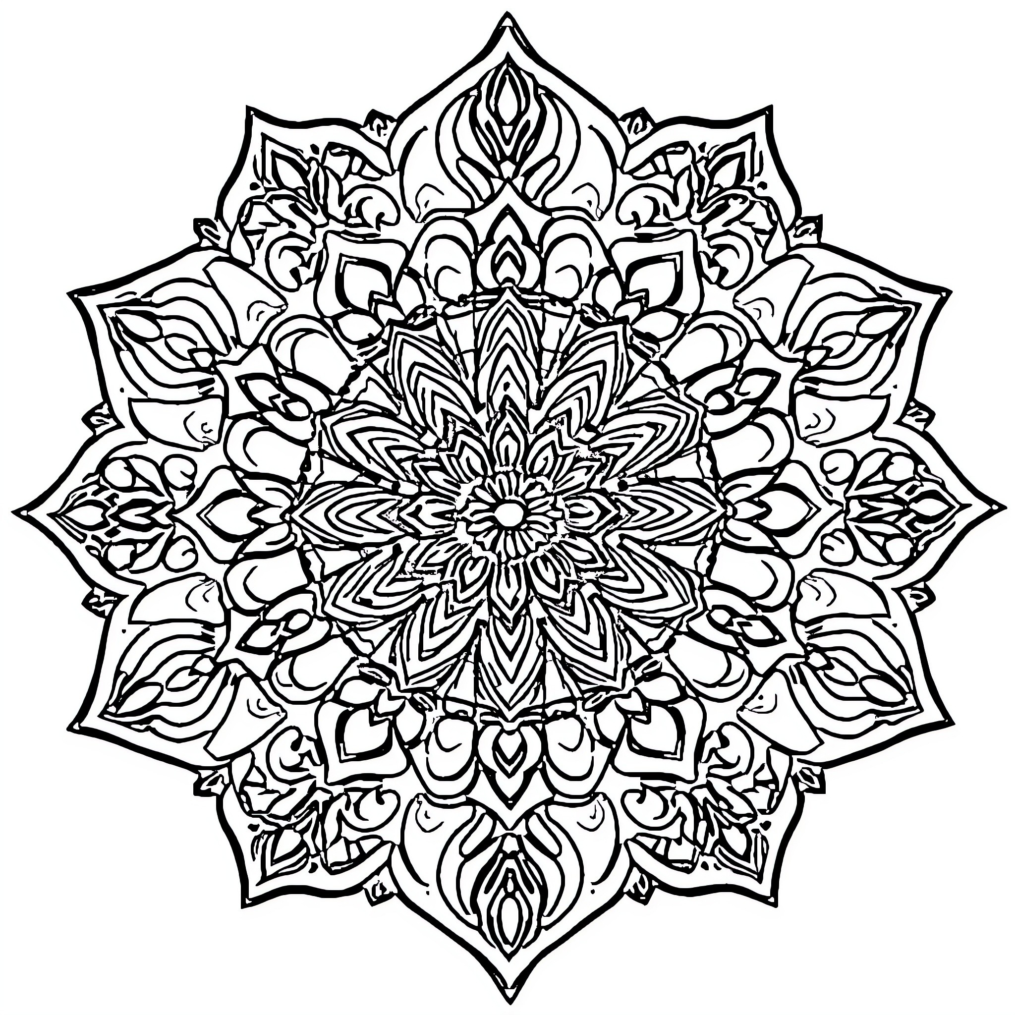 Mandala of intricate floral patterns Coloring Page (free black-and-white line drawing printable PDF for all, from beginners to advanced learners, including children, teens, adults, and seniors)