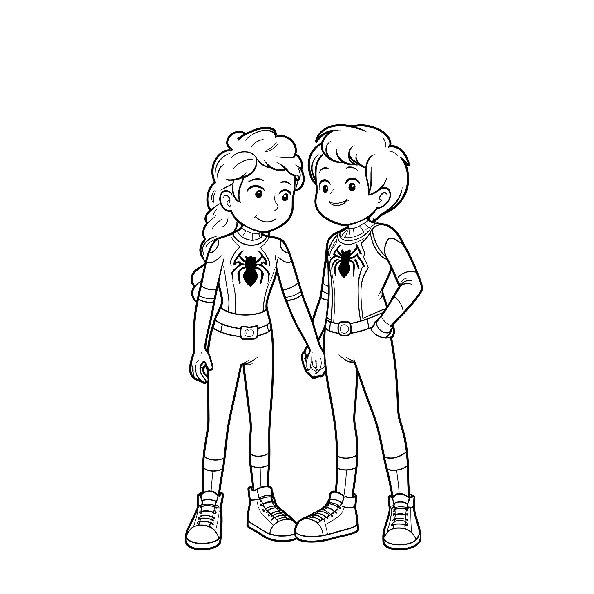 Spiderman-inspired superhero duo in action poses Coloring Page (free black-and-white line drawing printable PDF for all, from beginners to advanced learners, including children, teens, adults, and seniors)