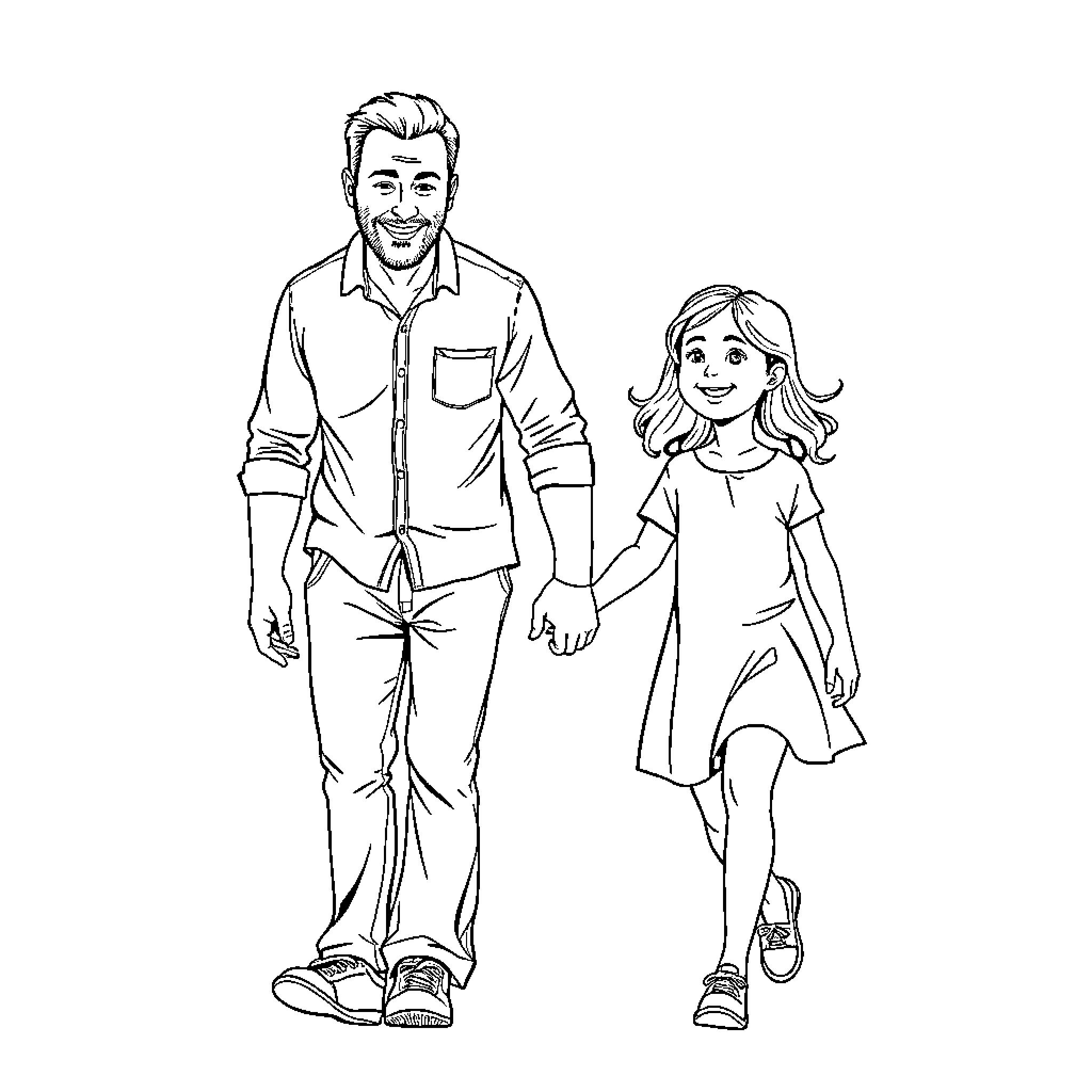 Daughter walks happily with caring father Coloring Page (free black-and-white line drawing printable PDF for all, from beginners to advanced learners, including children, teens, adults, and seniors)