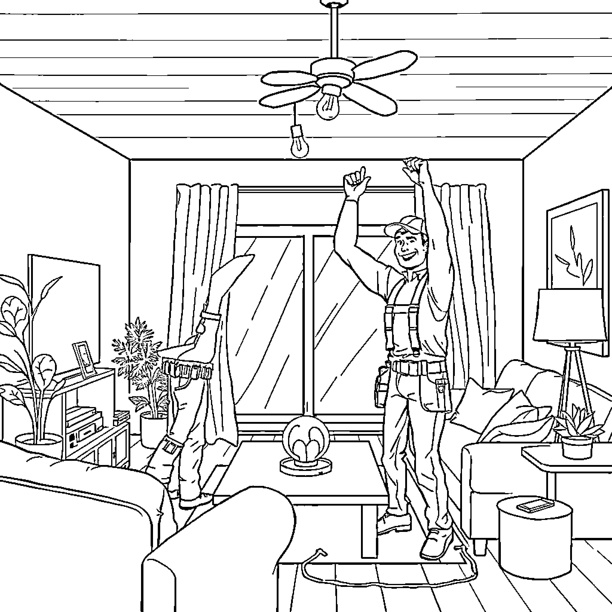 Electrician inspecting and repairing ceiling fan in living room Coloring Page (free black-and-white line drawing printable PDF for all, from beginners to advanced learners, including children, teens, adults, and seniors)