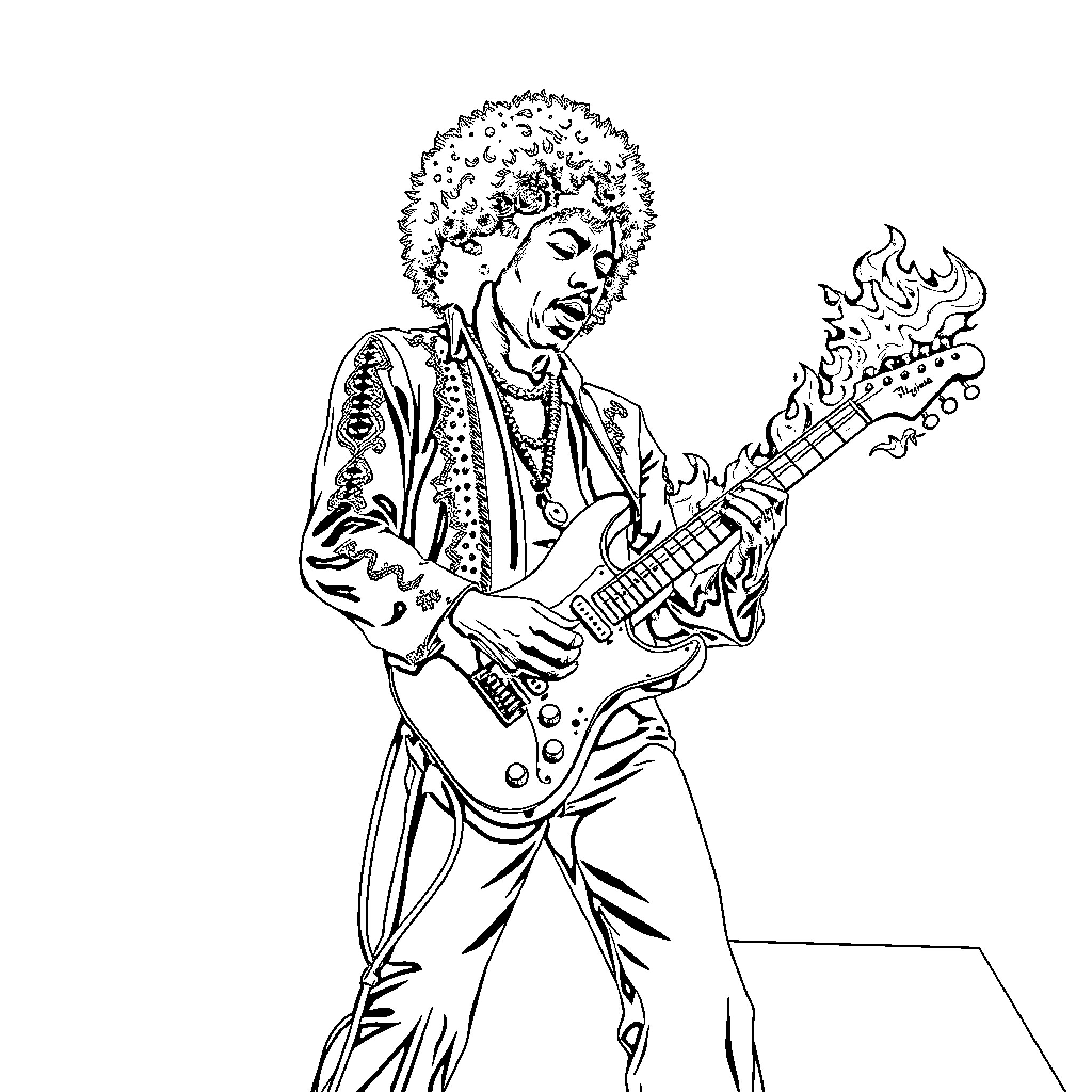 Jimi Hendrix rocking out on the electric guitar Coloring Page (free black-and-white line drawing printable PDF for all, from beginners to advanced learners, including children, teens, adults, and seniors)