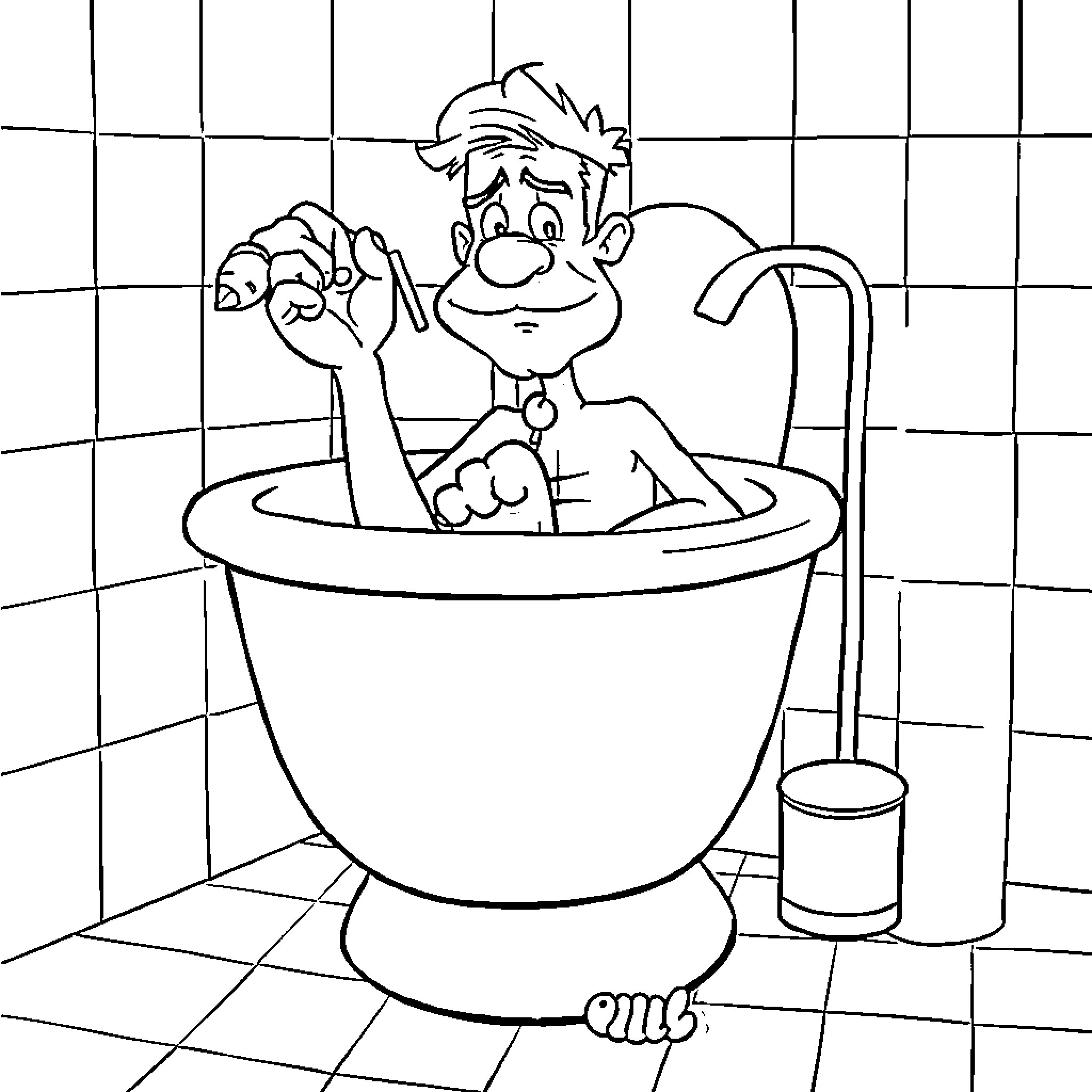 Barman relaxing in a bathtub with a surprised expression Coloring Page (free black-and-white line drawing printable PDF for all, from beginners to advanced learners, including children, teens, adults, and seniors)