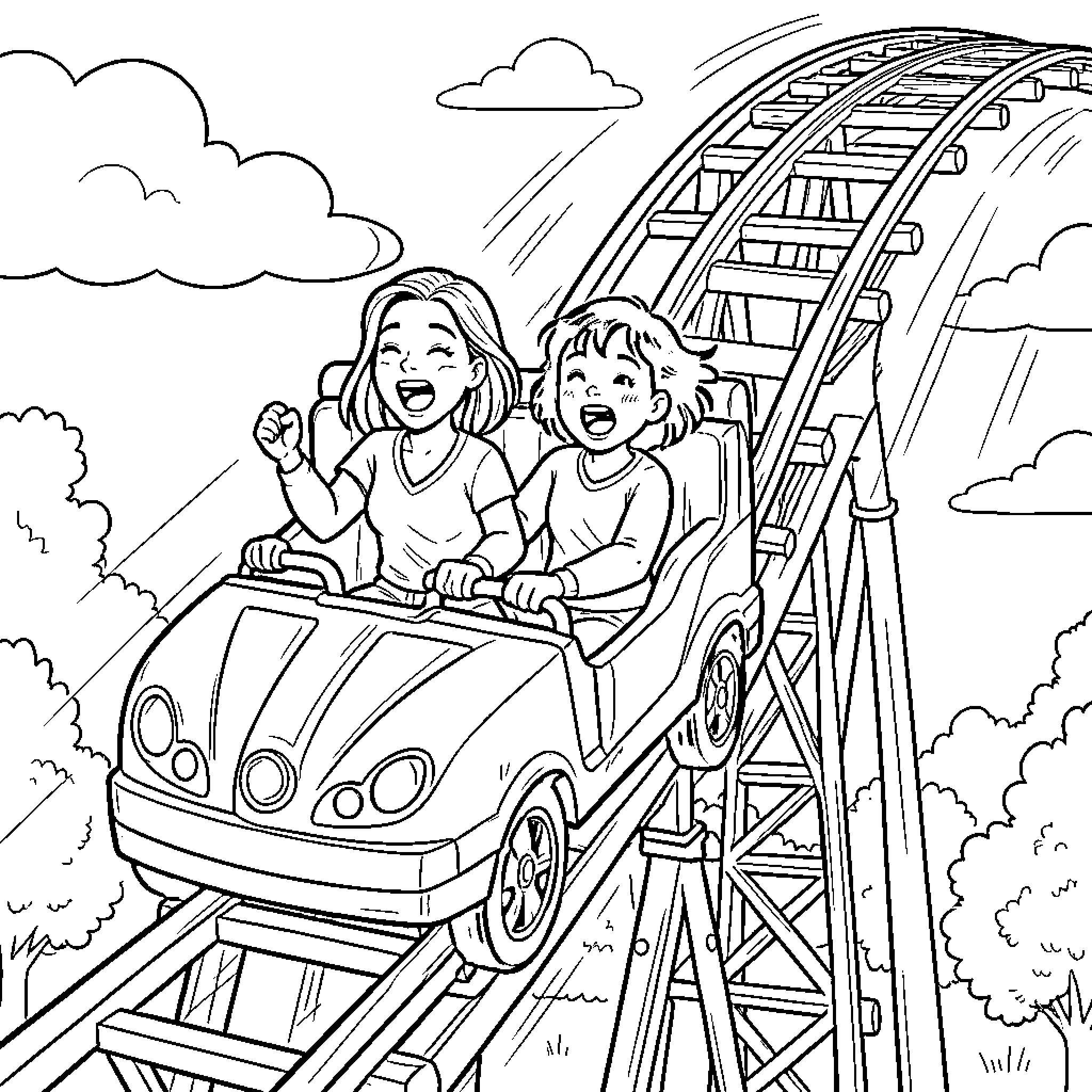 Roller Coaster Ride with Excited Passengers Coloring Page (free black-and-white line drawing printable PDF for all, from beginners to advanced learners, including children, teens, adults, and seniors)