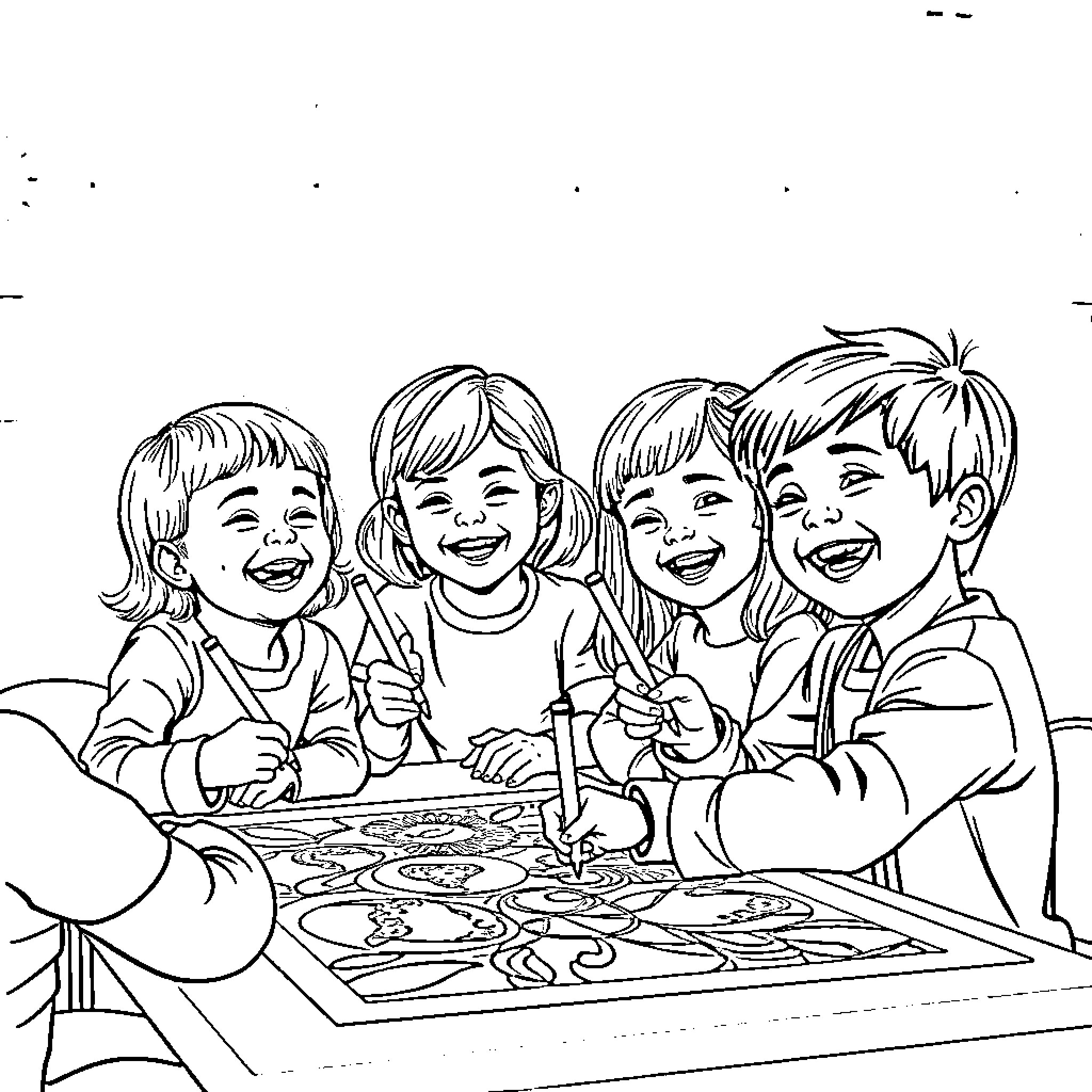 Kids enjoying arts and crafts together Coloring Page (free black-and-white line drawing printable PDF for all, from beginners to advanced learners, including children, teens, adults, and seniors)