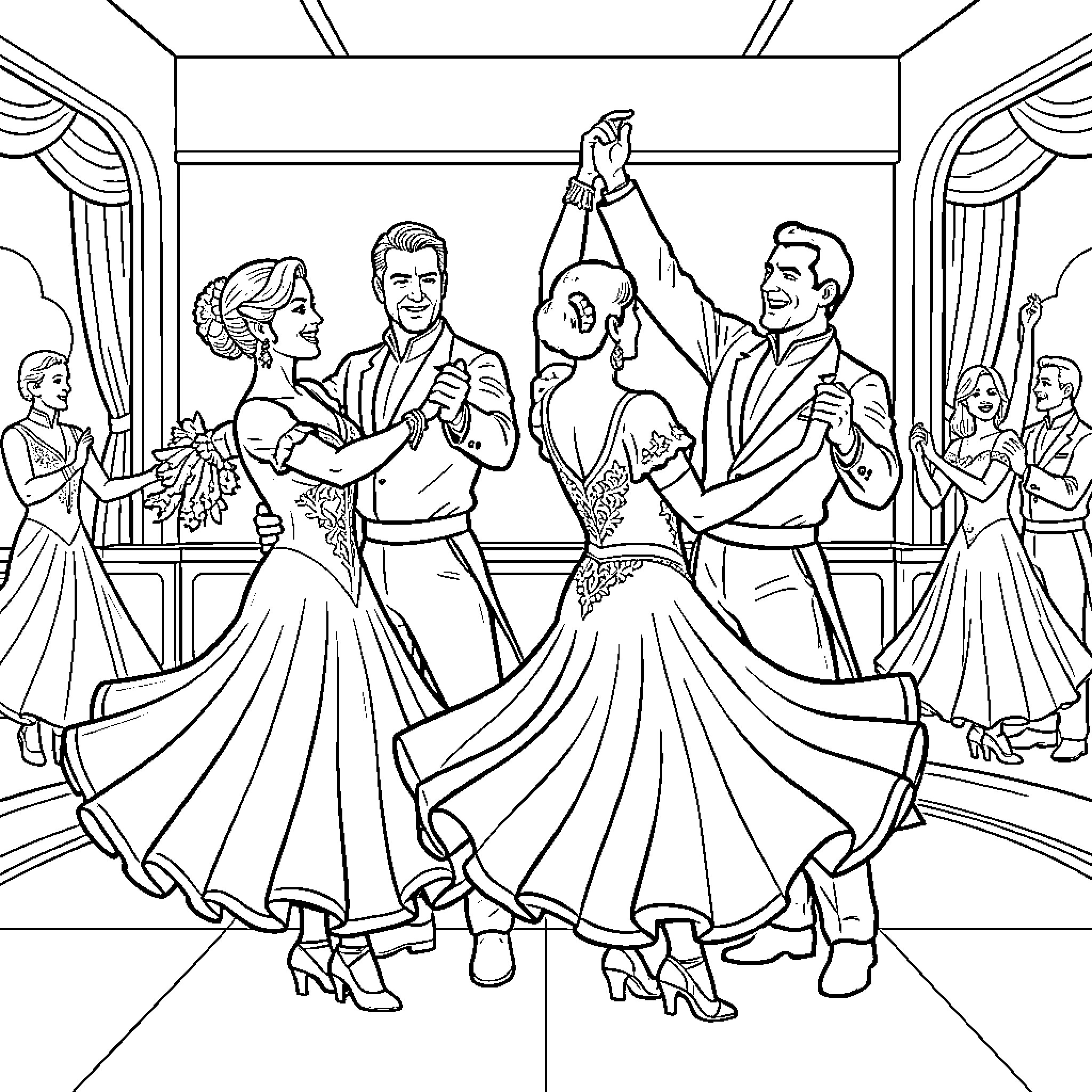 Vulcan Dancers Performing at a Formal Ball Coloring Page (free black-and-white line drawing printable PDF for all, from beginners to advanced learners, including children, teens, adults, and seniors)