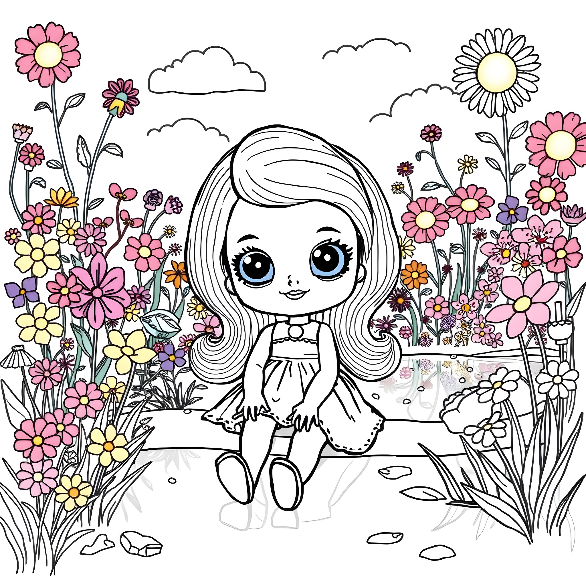 Doll surrounded by colorful flowers in garden Coloring Page (free black-and-white line drawing printable PDF for all, from beginners to advanced learners, including children, teens, adults, and seniors)