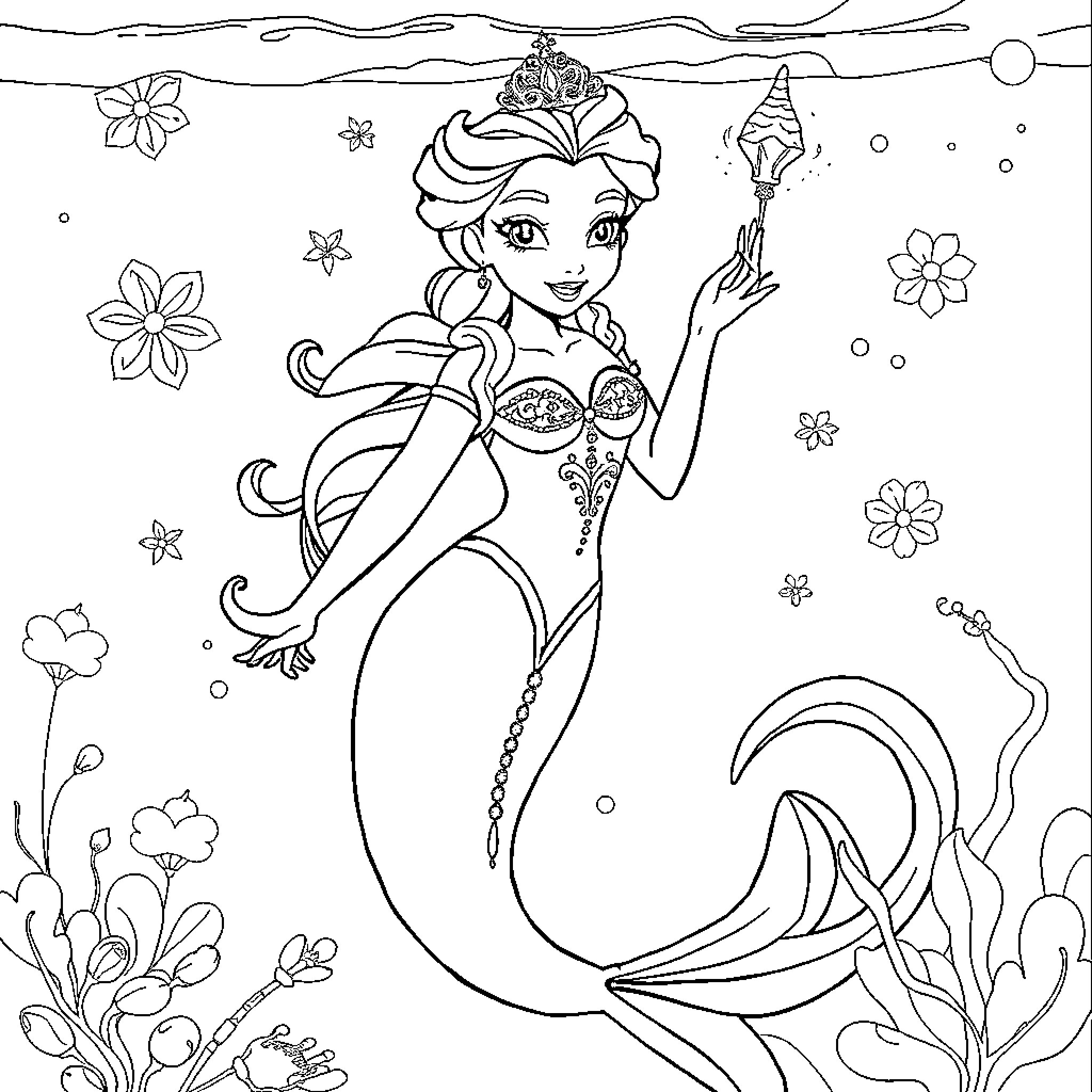 Elsa the Enchanting Mermaid in a Magical Underwater World Coloring Page (free black-and-white line drawing printable PDF for all, from beginners to advanced learners, including children, teens, adults, and seniors)