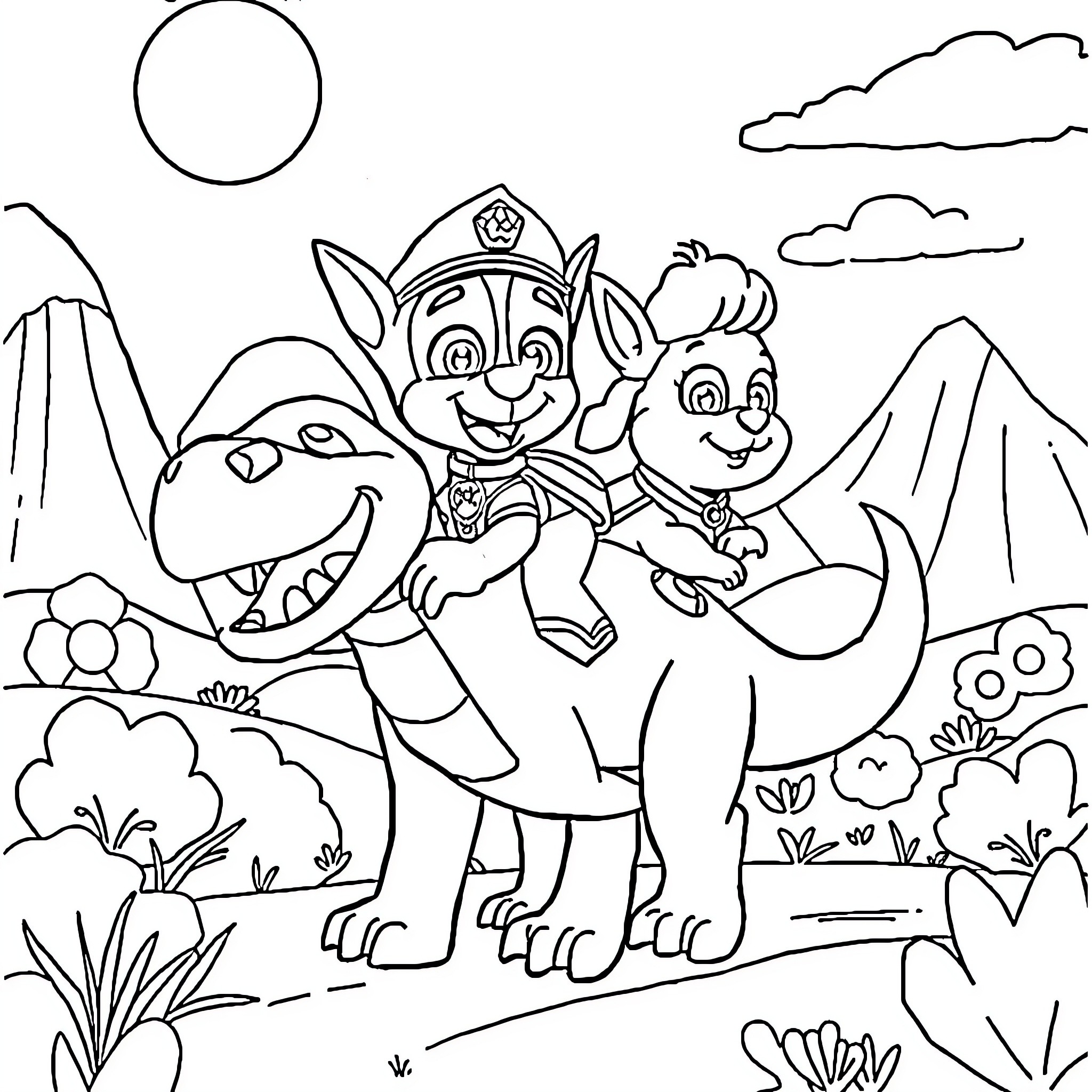 Dinosaur pals exploring the wilderness together Coloring Page (free black-and-white line drawing printable PDF for all, from beginners to advanced learners, including children, teens, adults, and seniors)