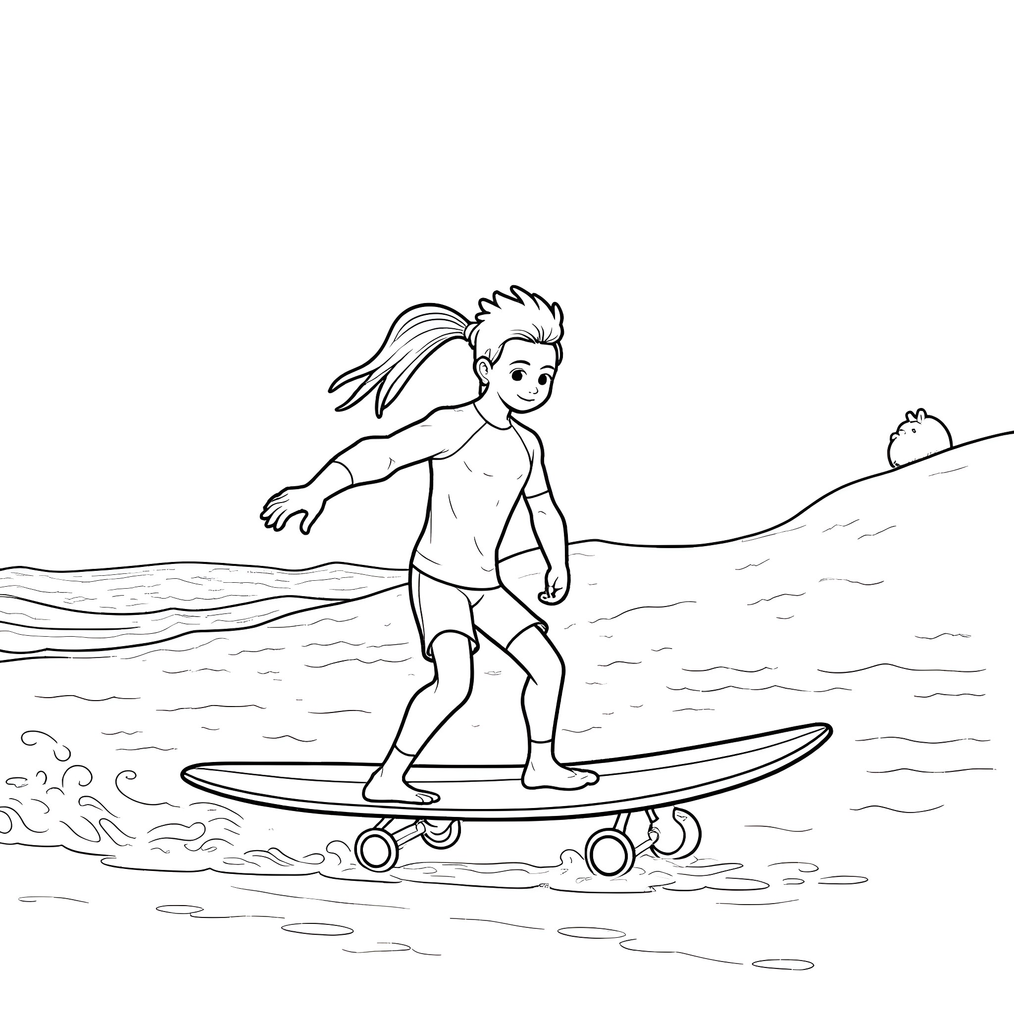 Bluey surfing on the waves happily Coloring Page (free black-and-white line drawing printable PDF for all, from beginners to advanced learners, including children, teens, adults, and seniors)