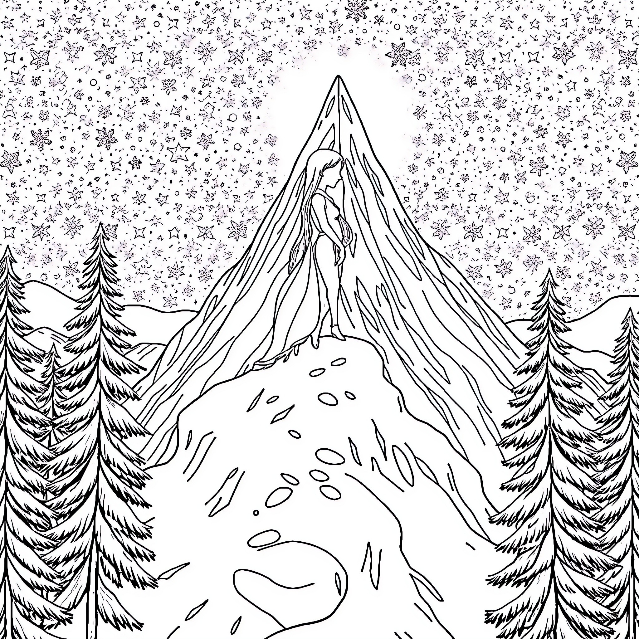 Rapunzel's Snowy Mountain Adventure Coloring Page (free black-and-white line drawing printable PDF for all, from beginners to advanced learners, including children, teens, adults, and seniors)