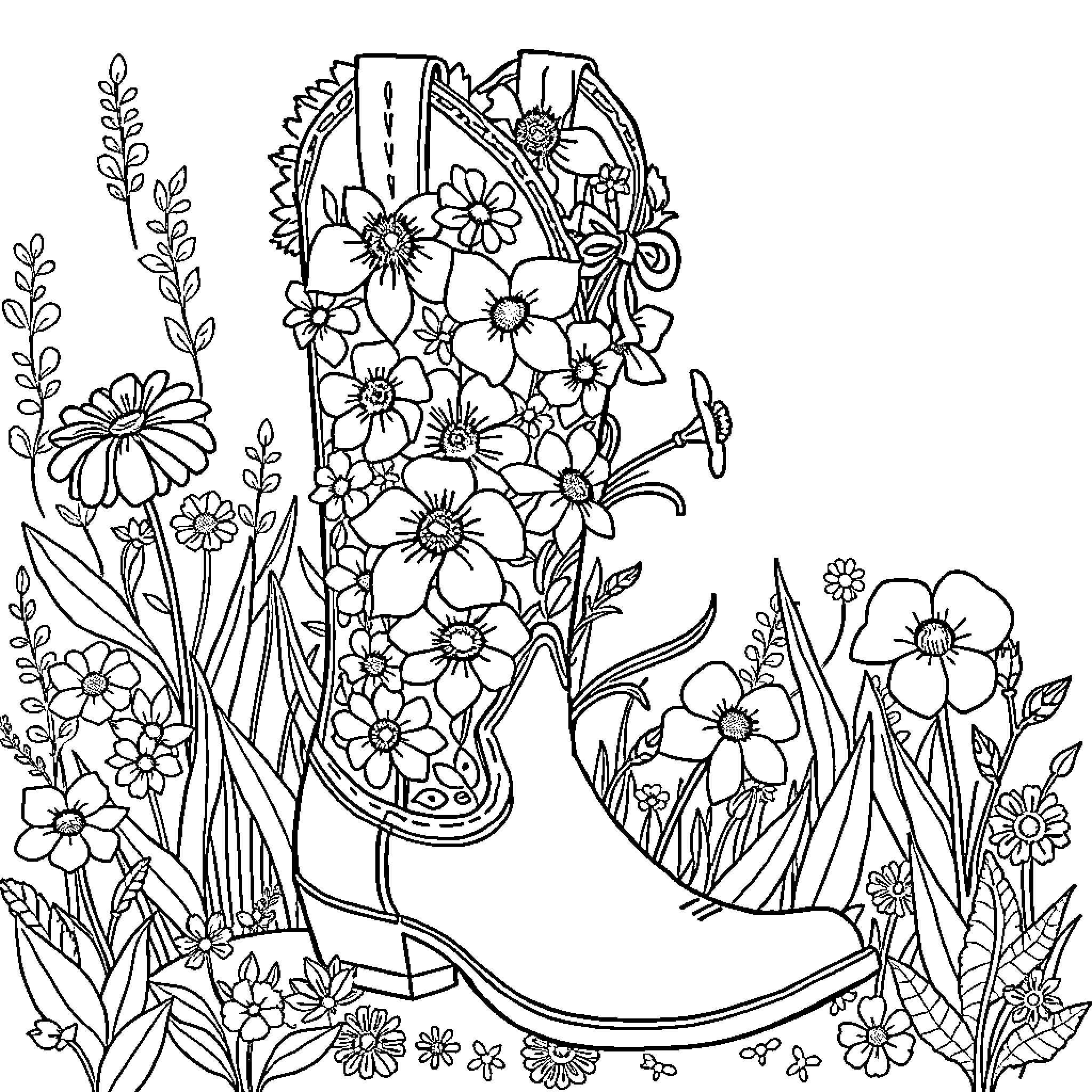 Boots adorned with floral patterns in a blooming garden Coloring Page (free black-and-white line drawing printable PDF for all, from beginners to advanced learners, including children, teens, adults, and seniors)