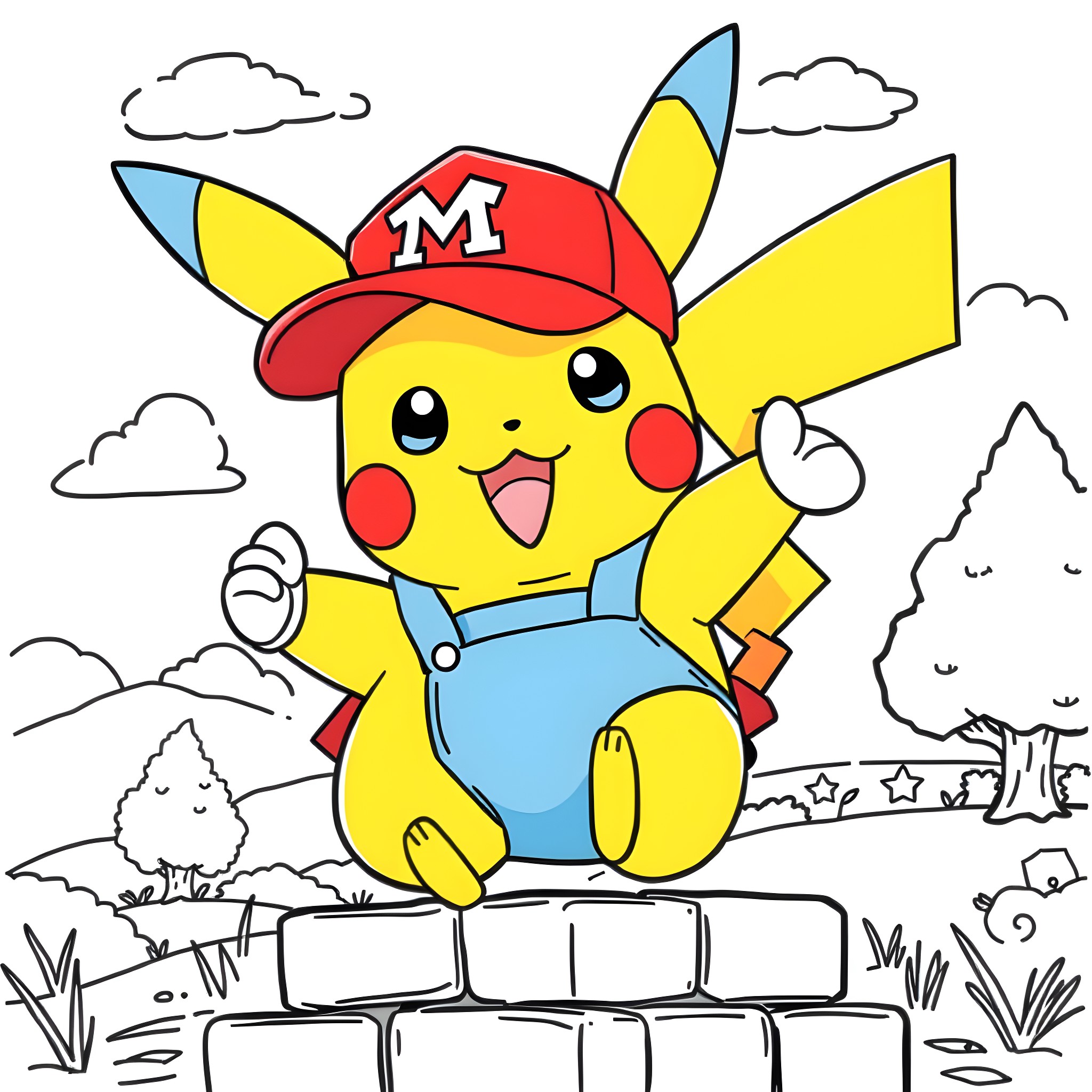 Pikachu in a baseball cap exploring the outdoors Coloring Page (free black-and-white line drawing printable PDF for all, from beginners to advanced learners, including children, teens, adults, and seniors)