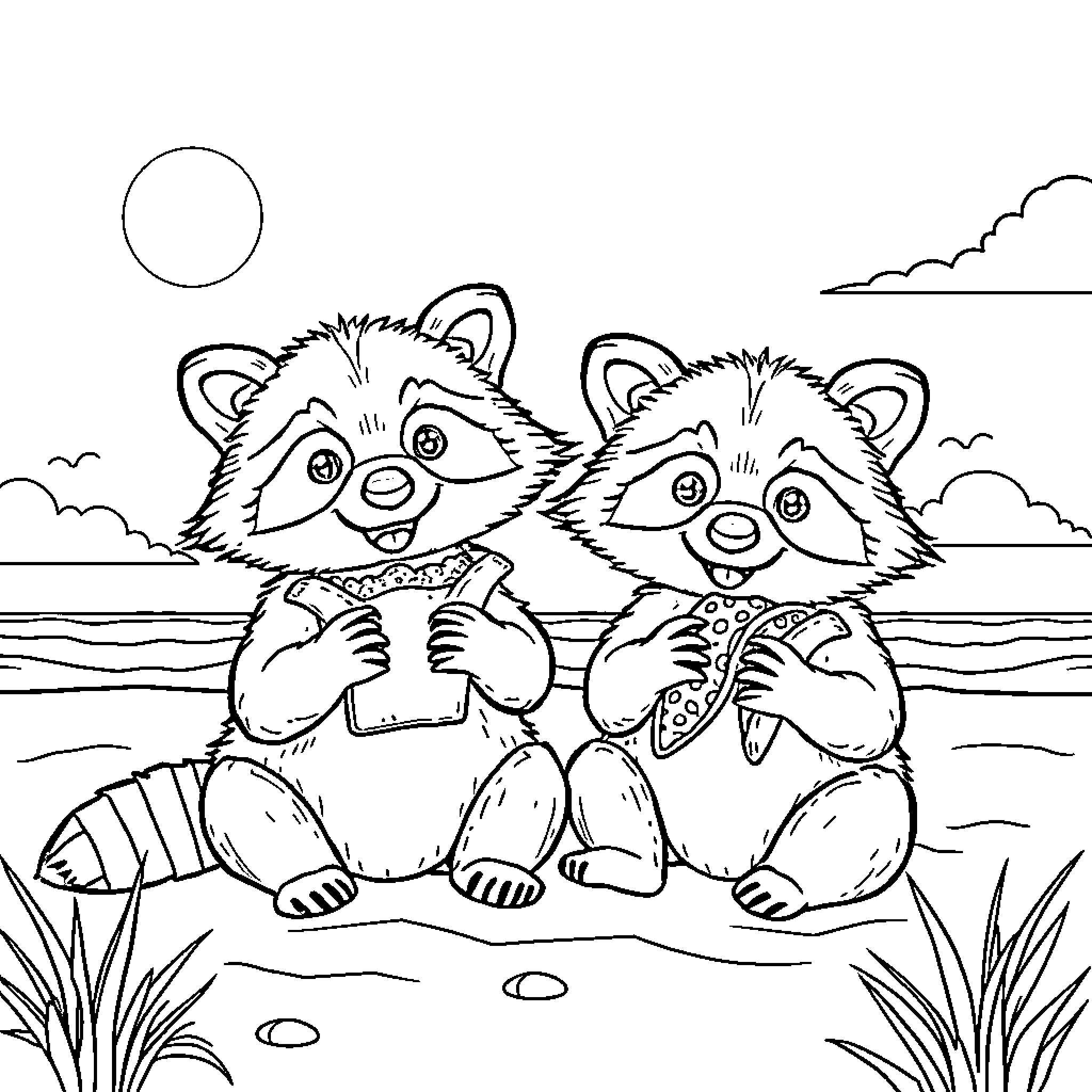 Raccoon friends enjoying a sunny day by the river Coloring Page (free black-and-white line drawing printable PDF for all, from beginners to advanced learners, including children, teens, adults, and seniors)