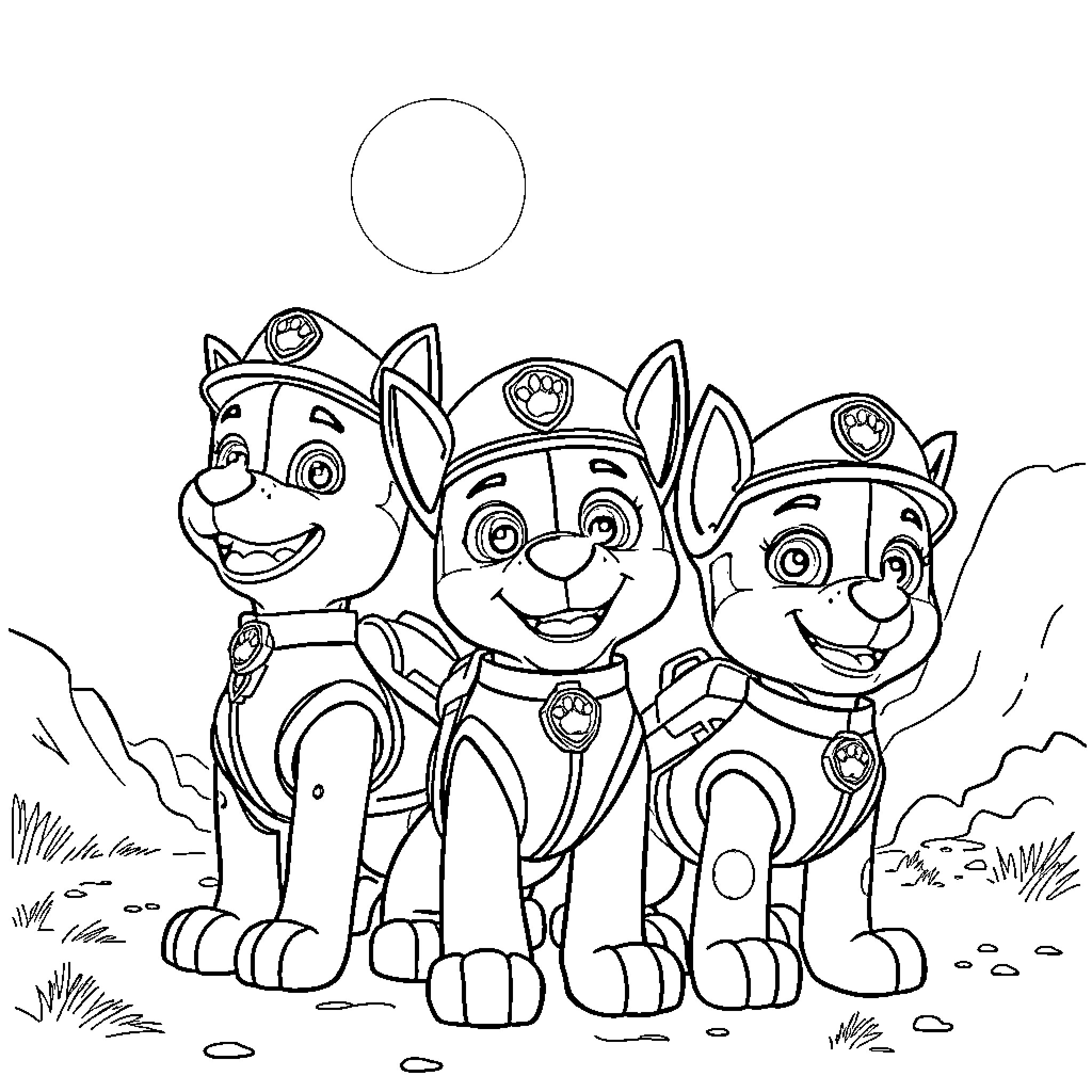 Paw Patrol Trio Smiling and Ready for Adventure Coloring Page (free black-and-white line drawing printable PDF for all, from beginners to advanced learners, including children, teens, adults, and seniors)