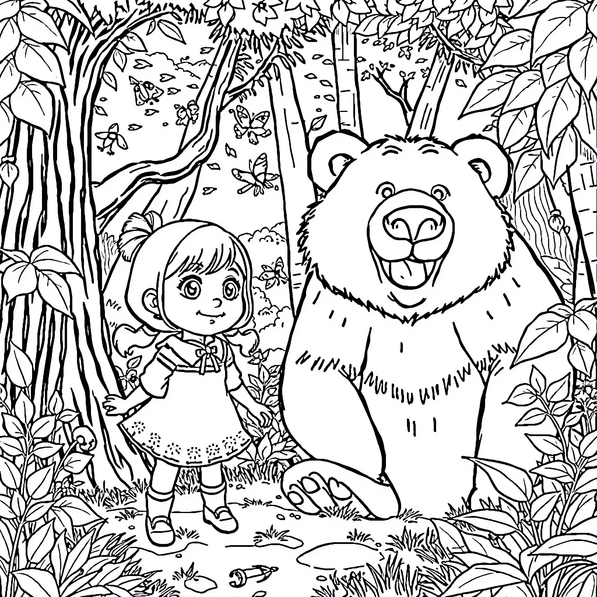 Masha Explores the Enchanted Forest with a Friendly Bear Coloring Page (free black-and-white line drawing printable PDF for all, from beginners to advanced learners, including children, teens, adults, and seniors)
