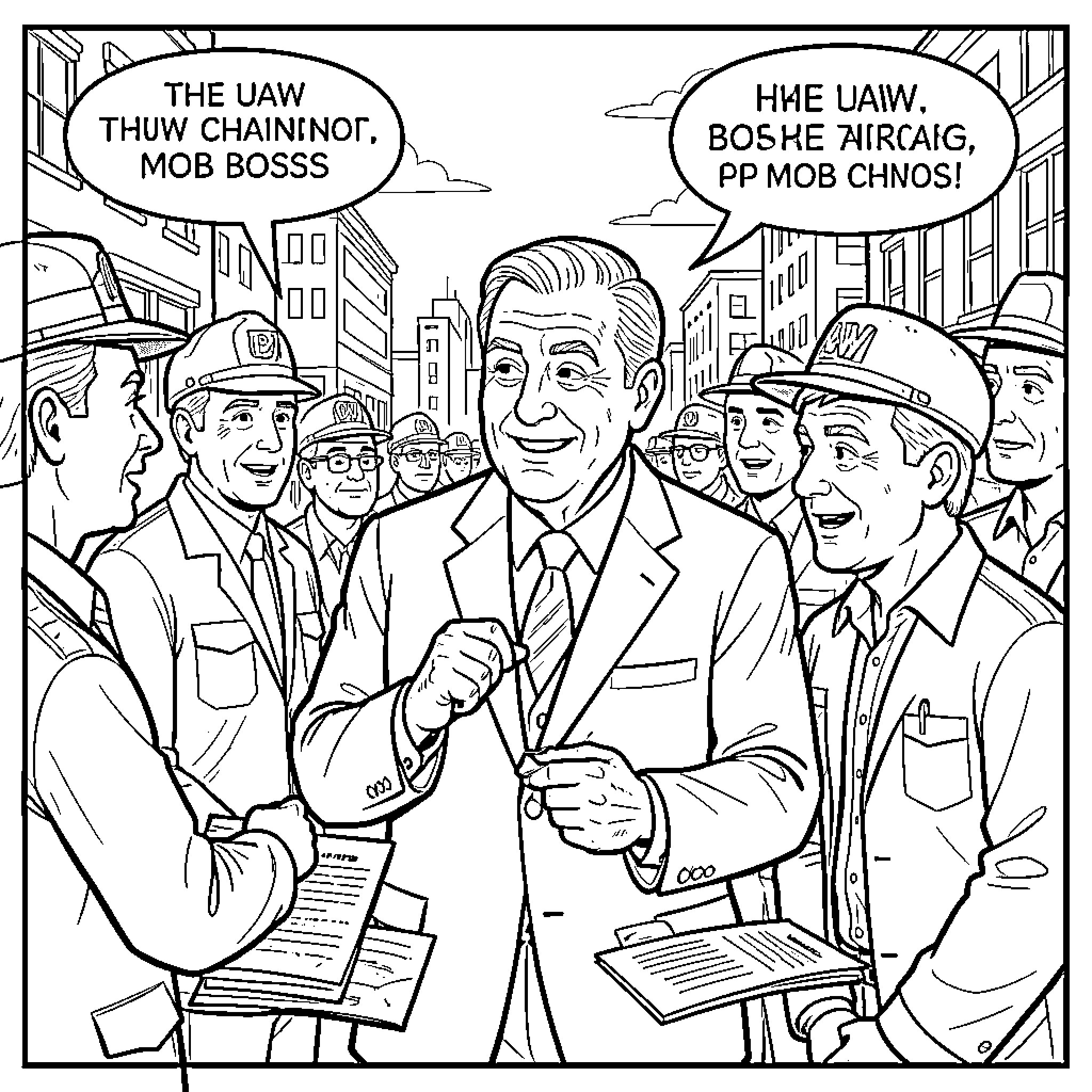 UAW Chairman smiling while talking to a group of workers Coloring Page (free black-and-white line drawing printable PDF for all, from beginners to advanced learners, including children, teens, adults, and seniors)