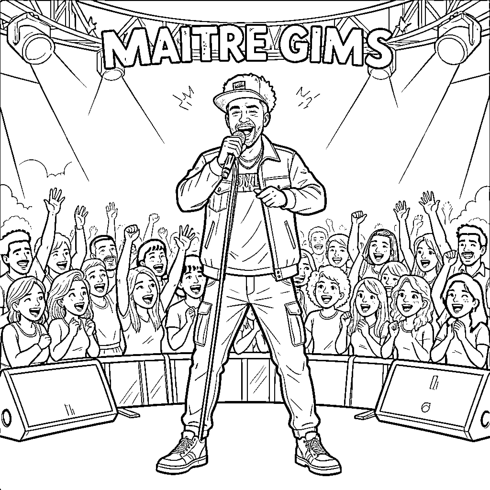 Maître Gims singing passionately on stage before a crowd Coloring Page (free black-and-white line drawing printable PDF for all, from beginners to advanced learners, including children, teens, adults, and seniors)
