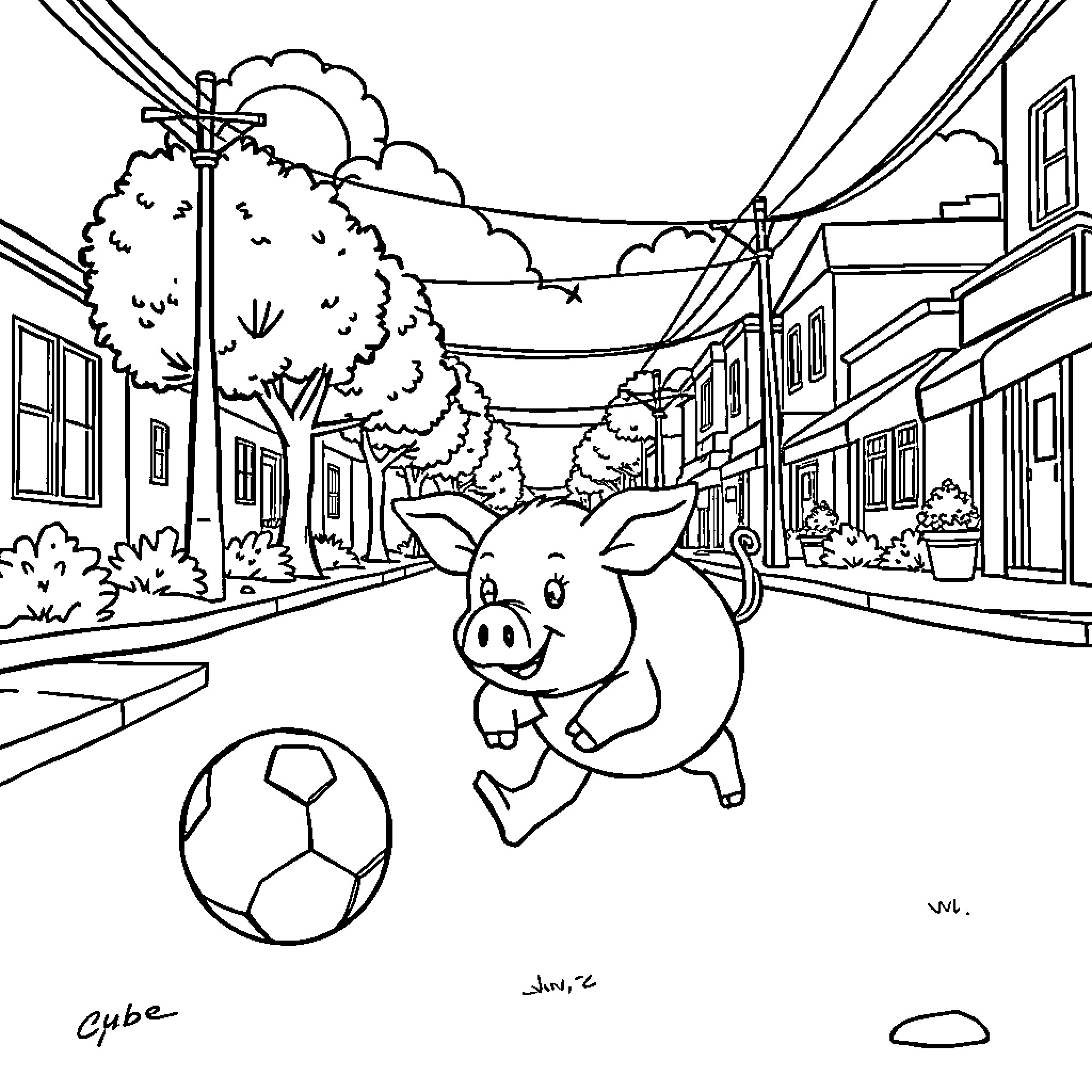 Pig chasing soccer ball down village street Coloring Page (free black-and-white line drawing printable PDF for all, from beginners to advanced learners, including children, teens, adults, and seniors)