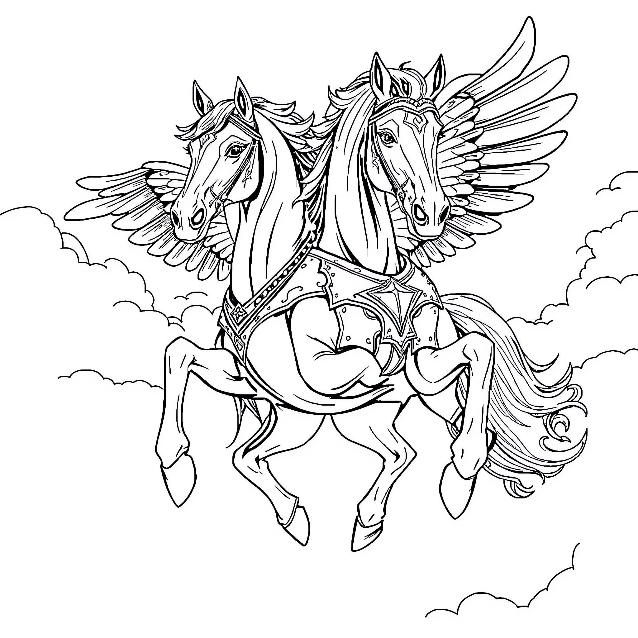Flying Horses Soaring in the Clouds Coloring Page (free black-and-white line drawing printable PDF for all, from beginners to advanced learners, including children, teens, adults, and seniors)