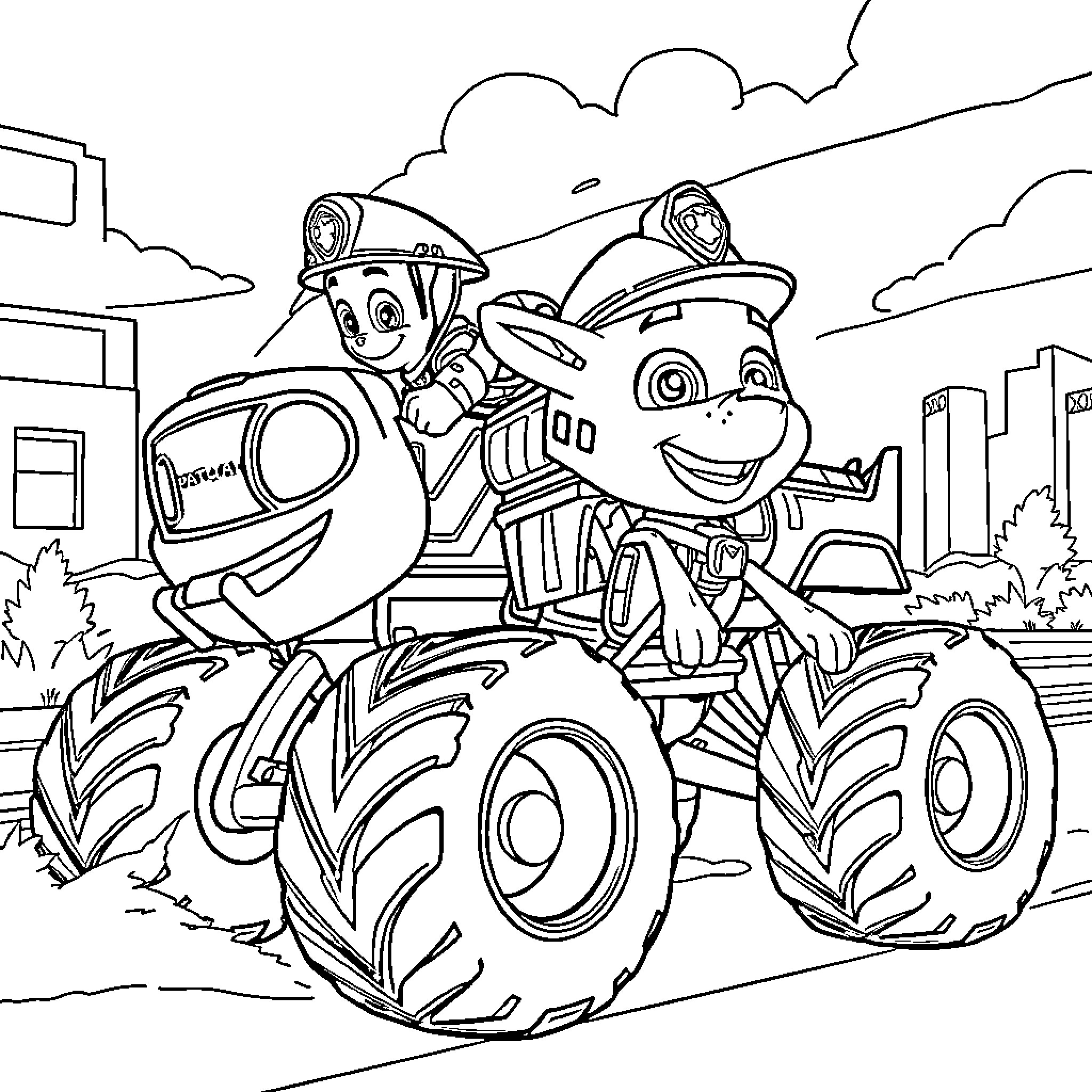 Marshall and Rubble on a Rescue Mission Coloring Page (free black-and-white line drawing printable PDF for all, from beginners to advanced learners, including children, teens, adults, and seniors)