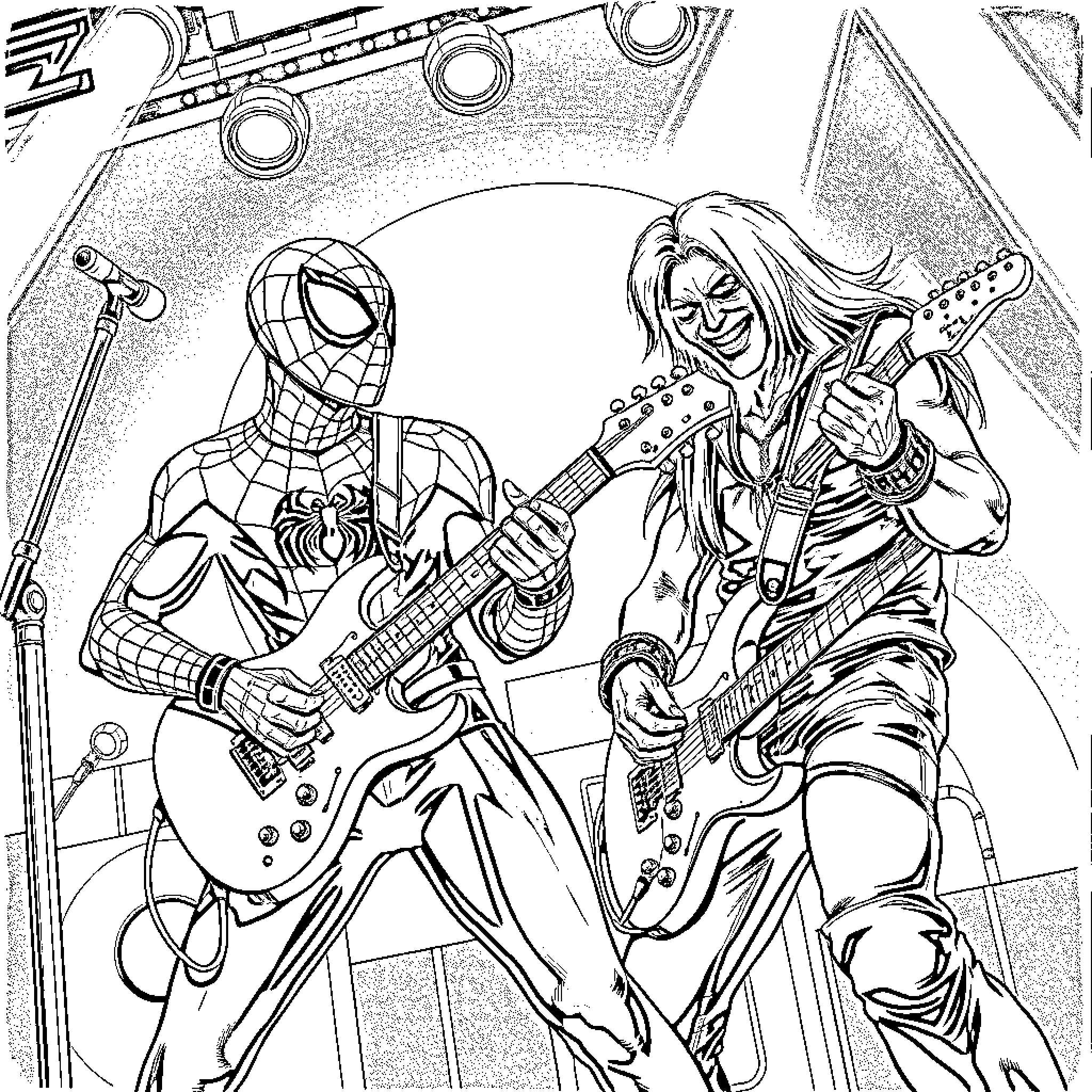 Spider-Man and Rock Star Performing on Stage Coloring Page (free black-and-white line drawing printable PDF for all, from beginners to advanced learners, including children, teens, adults, and seniors)
