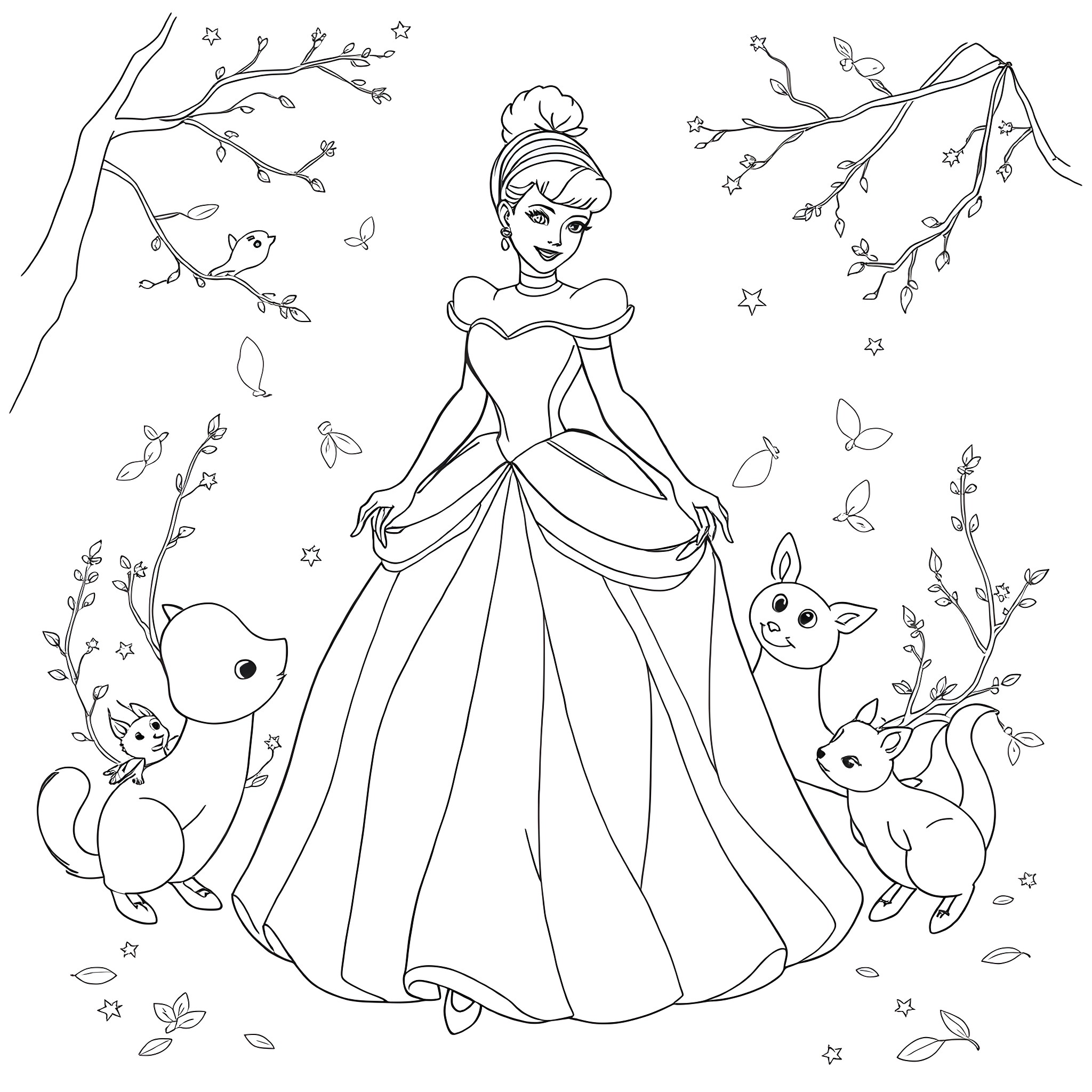 Cinderella's Enchanting Fairy Tale Adventure Coloring Page (free black-and-white line drawing printable PDF for all, from beginners to advanced learners, including children, teens, adults, and seniors)
