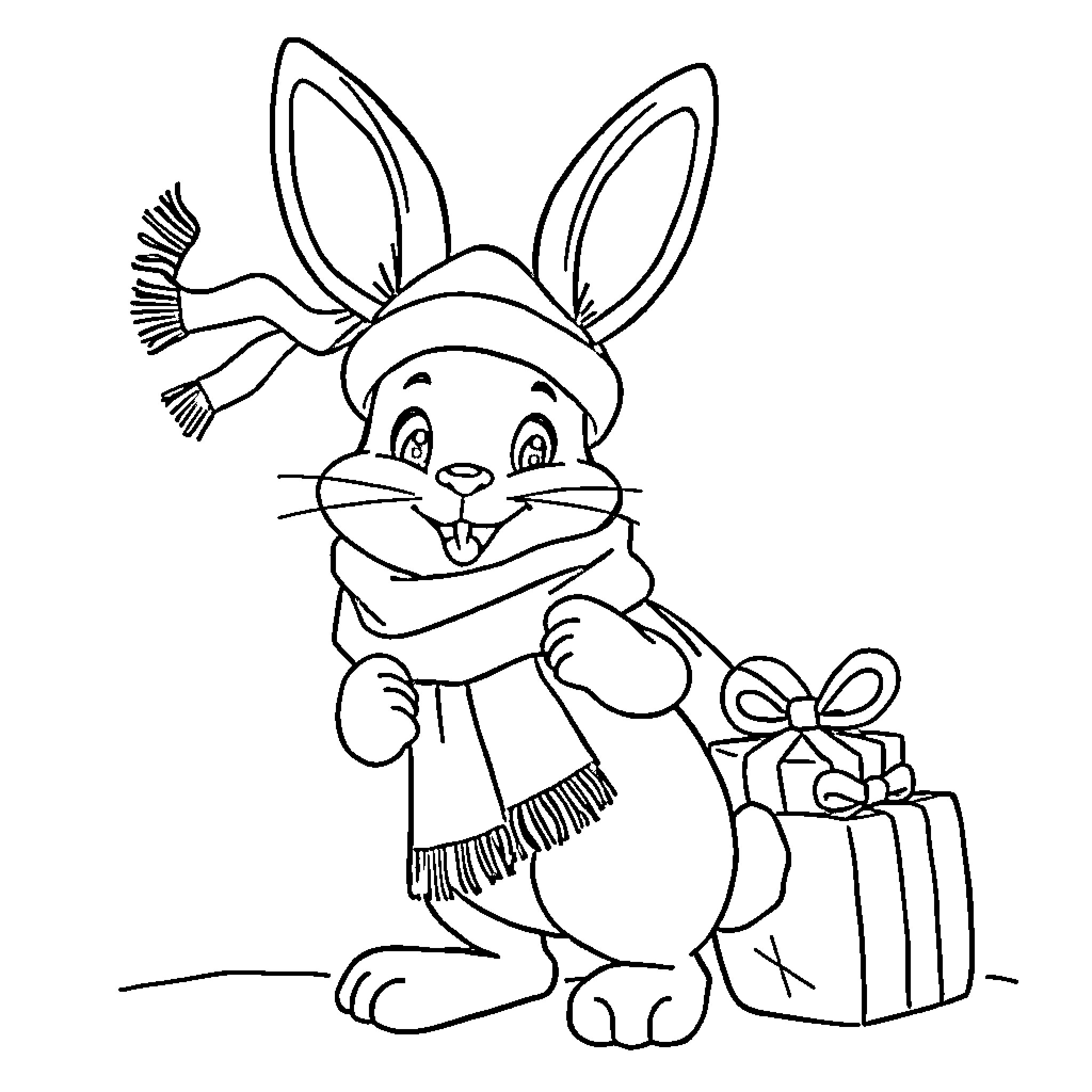 Bunny wearing winter outfit and holding a gift Coloring Page (free black-and-white line drawing printable PDF for all, from beginners to advanced learners, including children, teens, adults, and seniors)