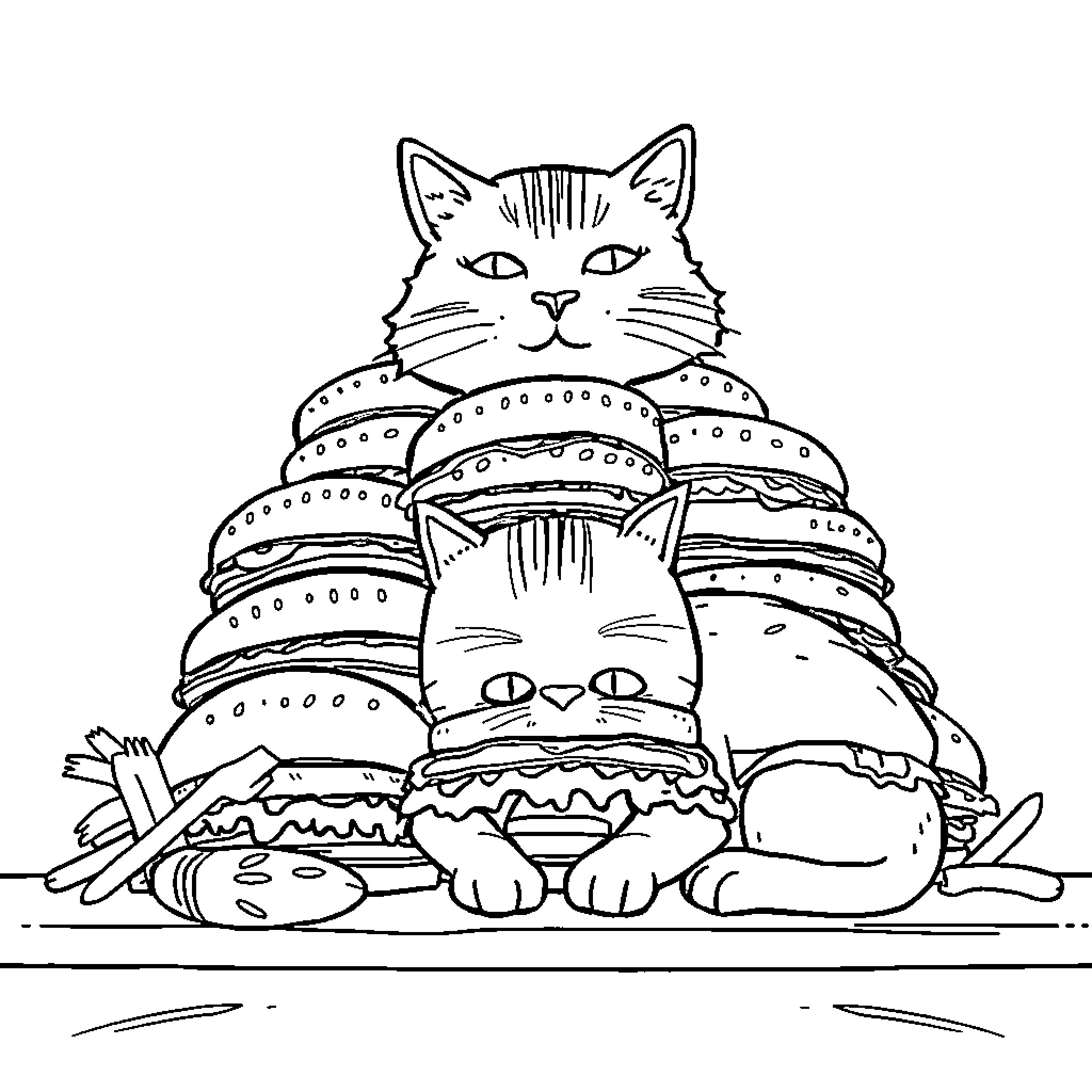 Cat with kittens surrounded by food Coloring Page (free black-and-white line drawing printable PDF for all, from beginners to advanced learners, including children, teens, adults, and seniors)