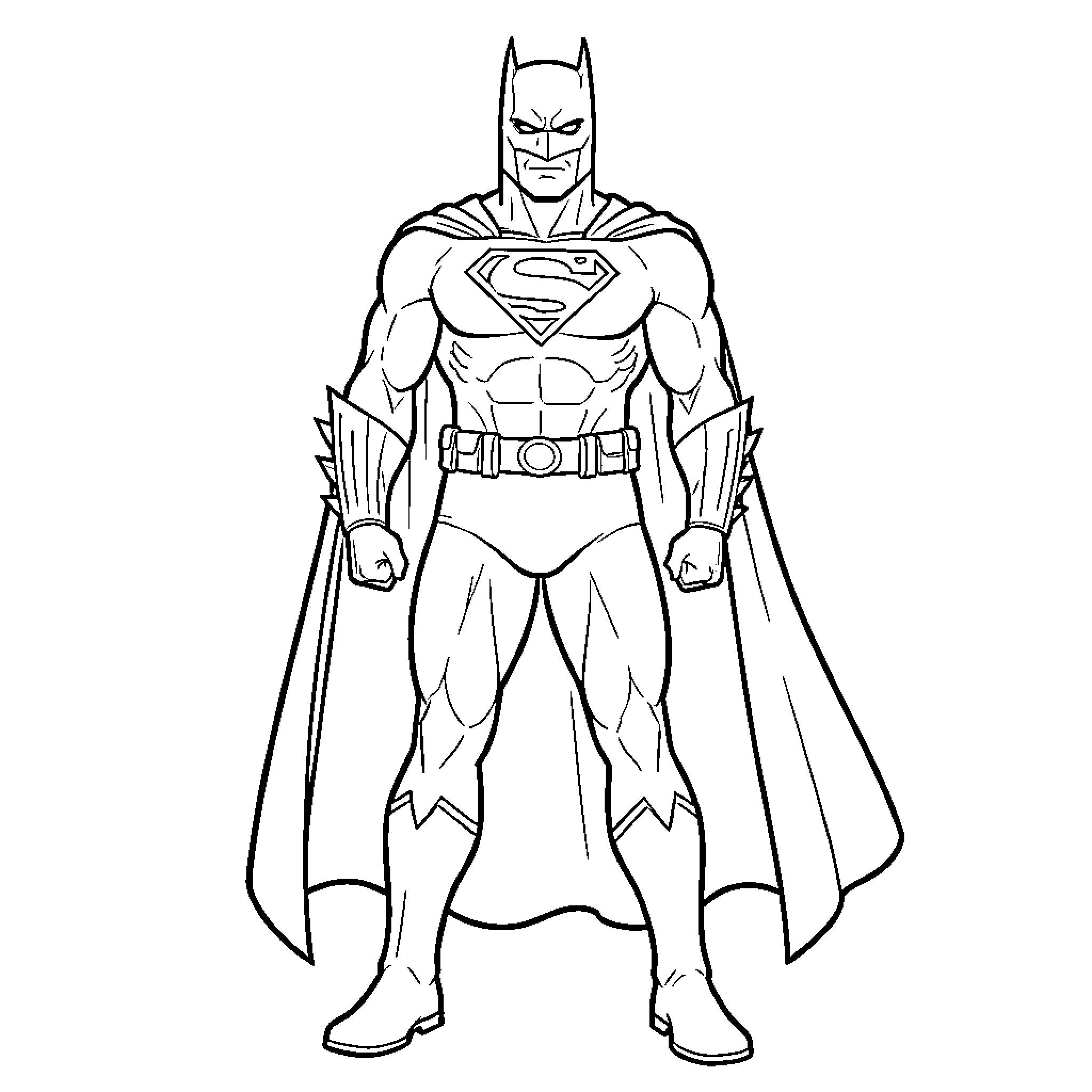 Superman standing heroically in his iconic superhero suit Coloring Page (free black-and-white line drawing printable PDF for all, from beginners to advanced learners, including children, teens, adults, and seniors)