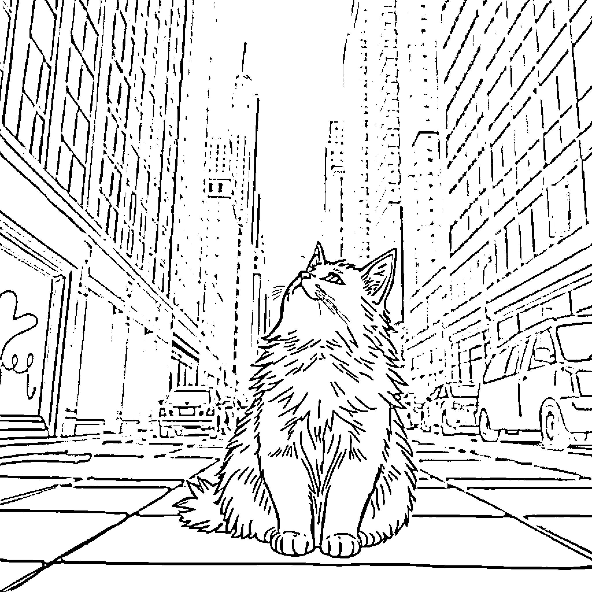 Cat exploring the busy city streets Coloring Page (free black-and-white line drawing printable PDF for all, from beginners to advanced learners, including children, teens, adults, and seniors)