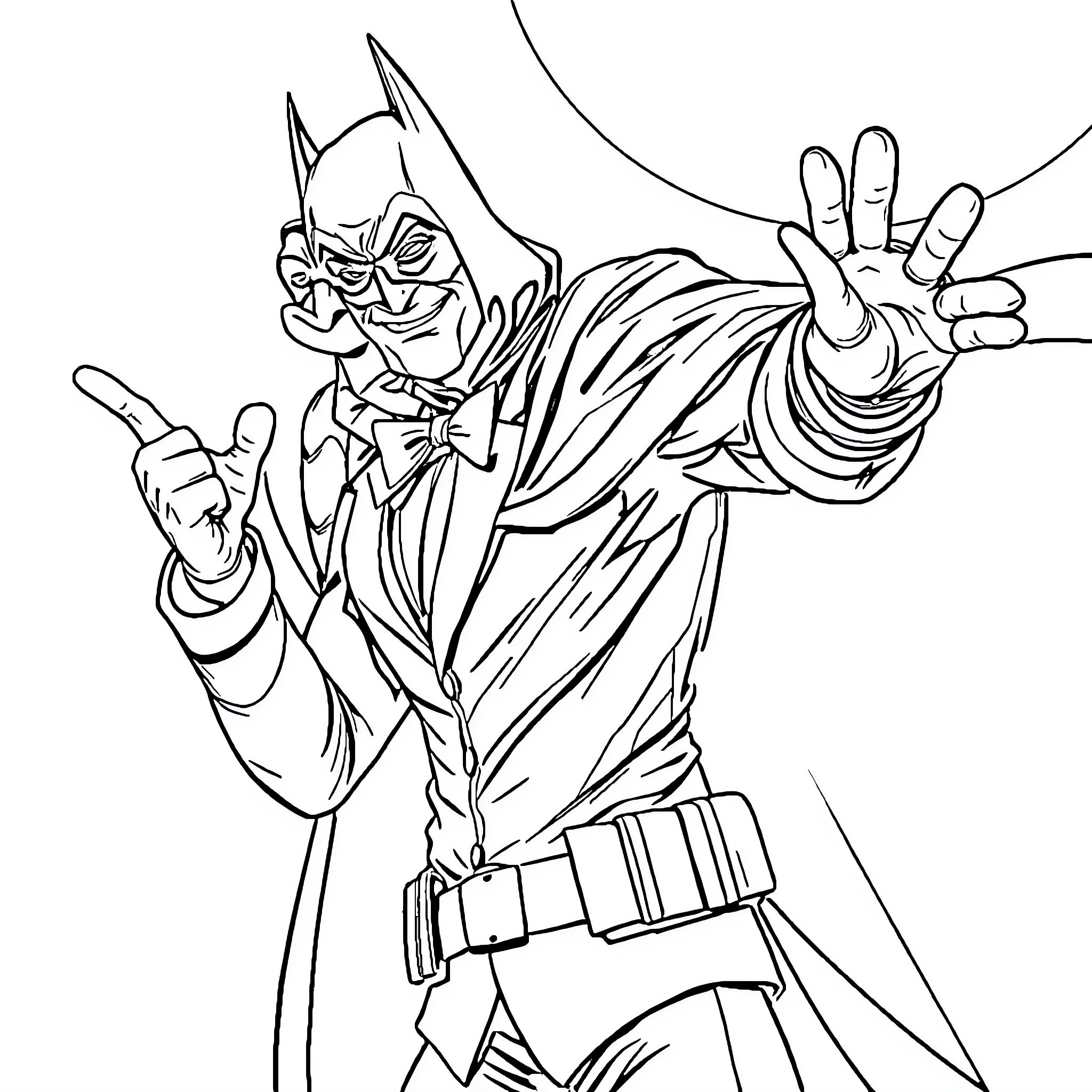 Riddler making mischievous gestures in playful pose Coloring Page (free black-and-white line drawing printable PDF for all, from beginners to advanced learners, including children, teens, adults, and seniors)