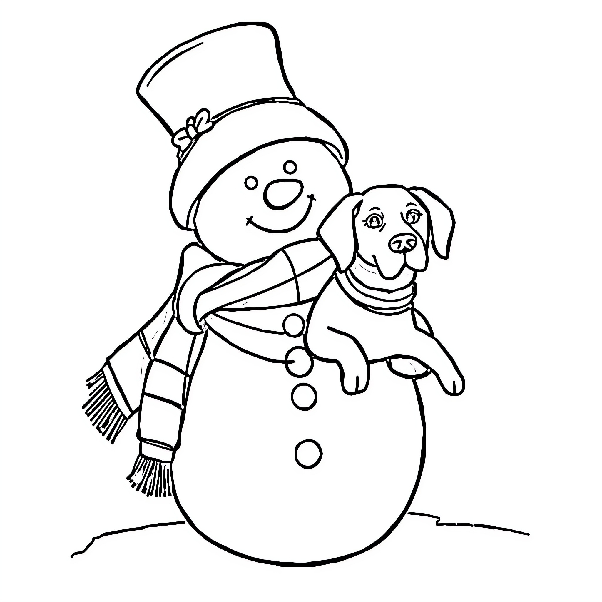 Snowman playing with a dog in winter Coloring Page (free black-and-white line drawing printable PDF for all, from beginners to advanced learners, including children, teens, adults, and seniors)