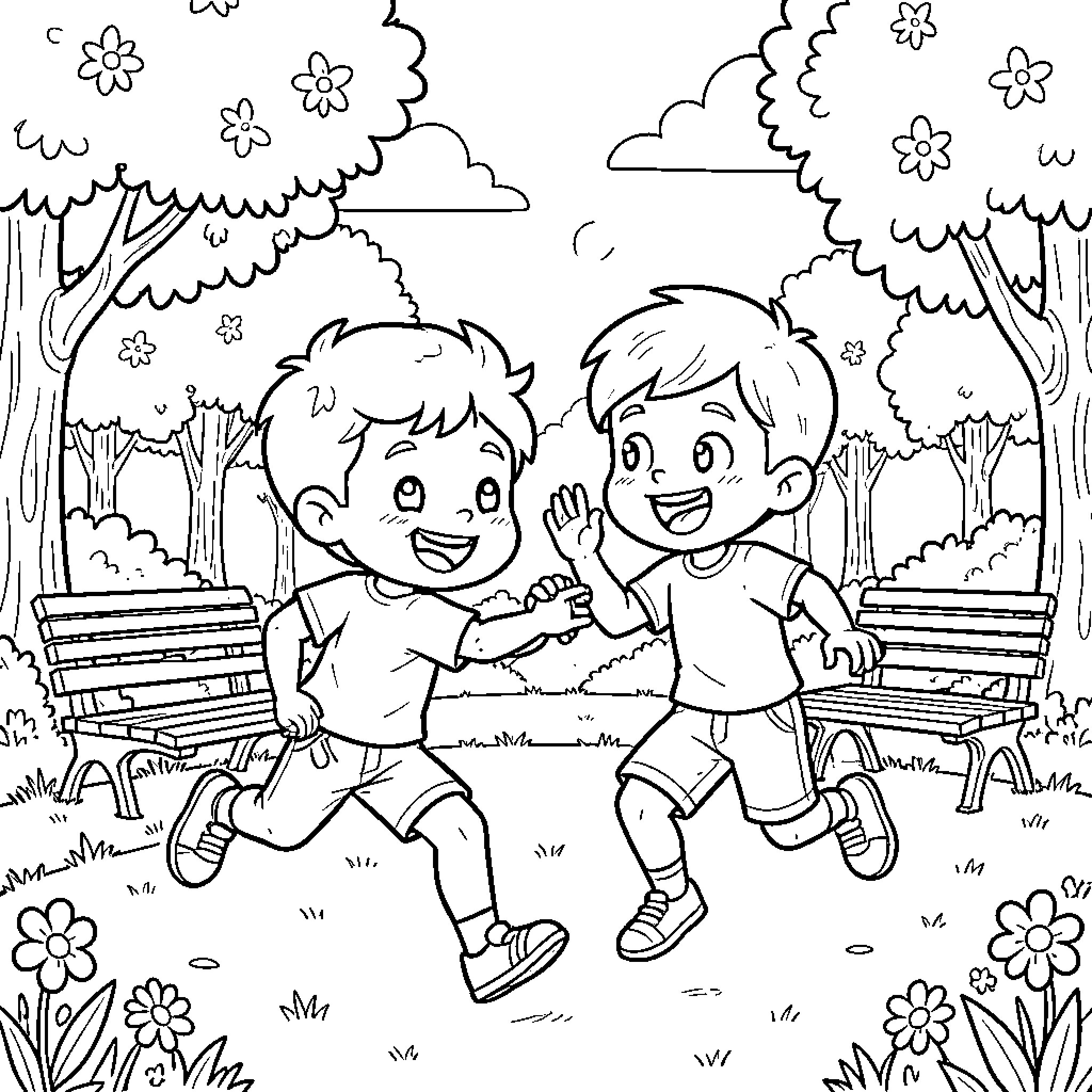 Patrouille de deux garçons courant joyeusement dans le parc Coloring Page (free black-and-white line drawing printable PDF for all, from beginners to advanced learners, including children, teens, adults, and seniors)