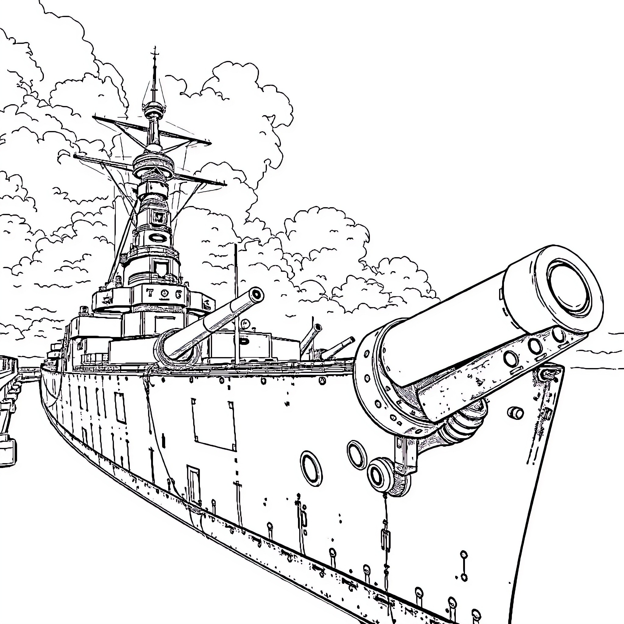 USS Texas in action on the high seas Coloring Page (free black-and-white line drawing printable PDF for all, from beginners to advanced learners, including children, teens, adults, and seniors)