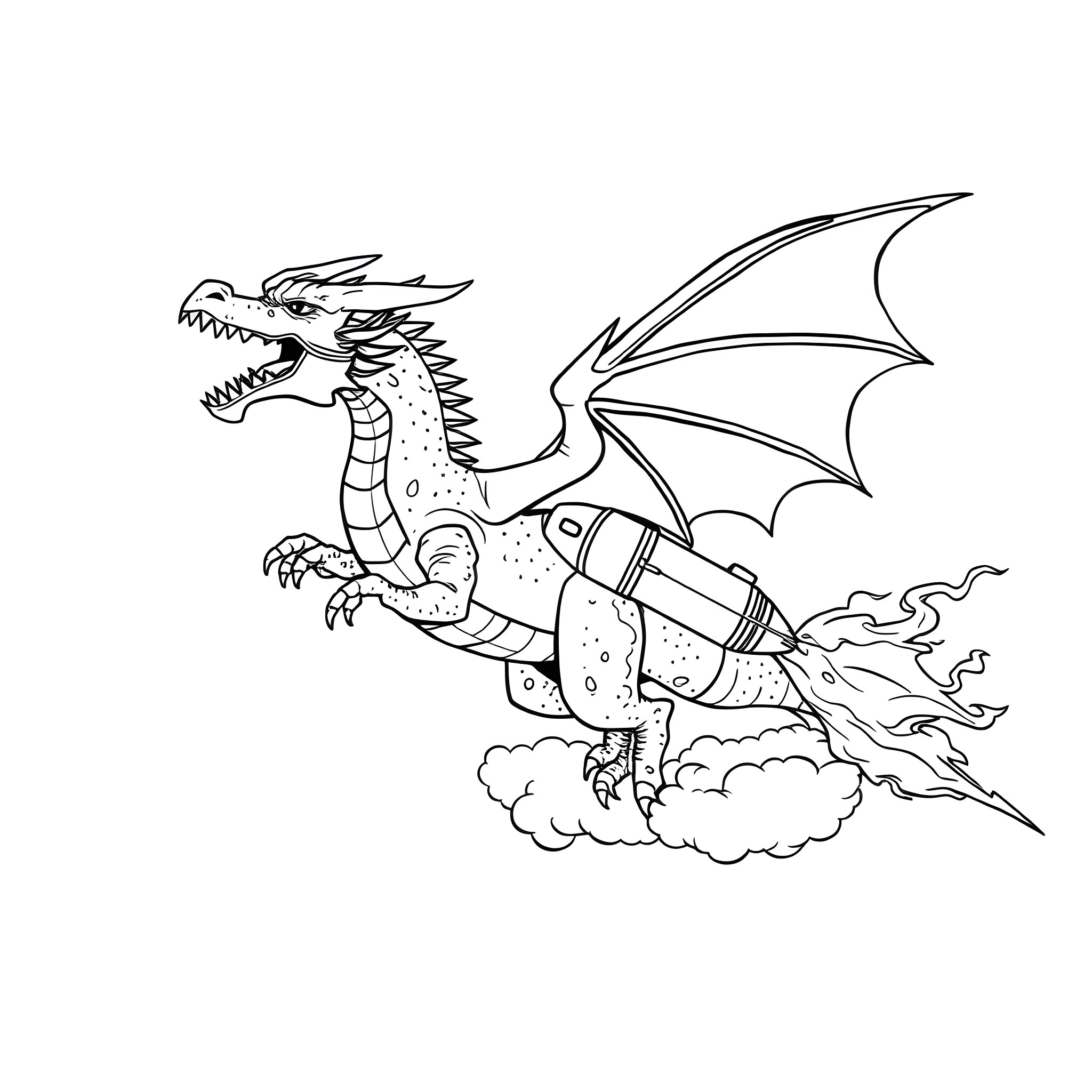 Rocket Dragon soaring through the sky Coloring Page (free black-and-white line drawing printable PDF for all, from beginners to advanced learners, including children, teens, adults, and seniors)