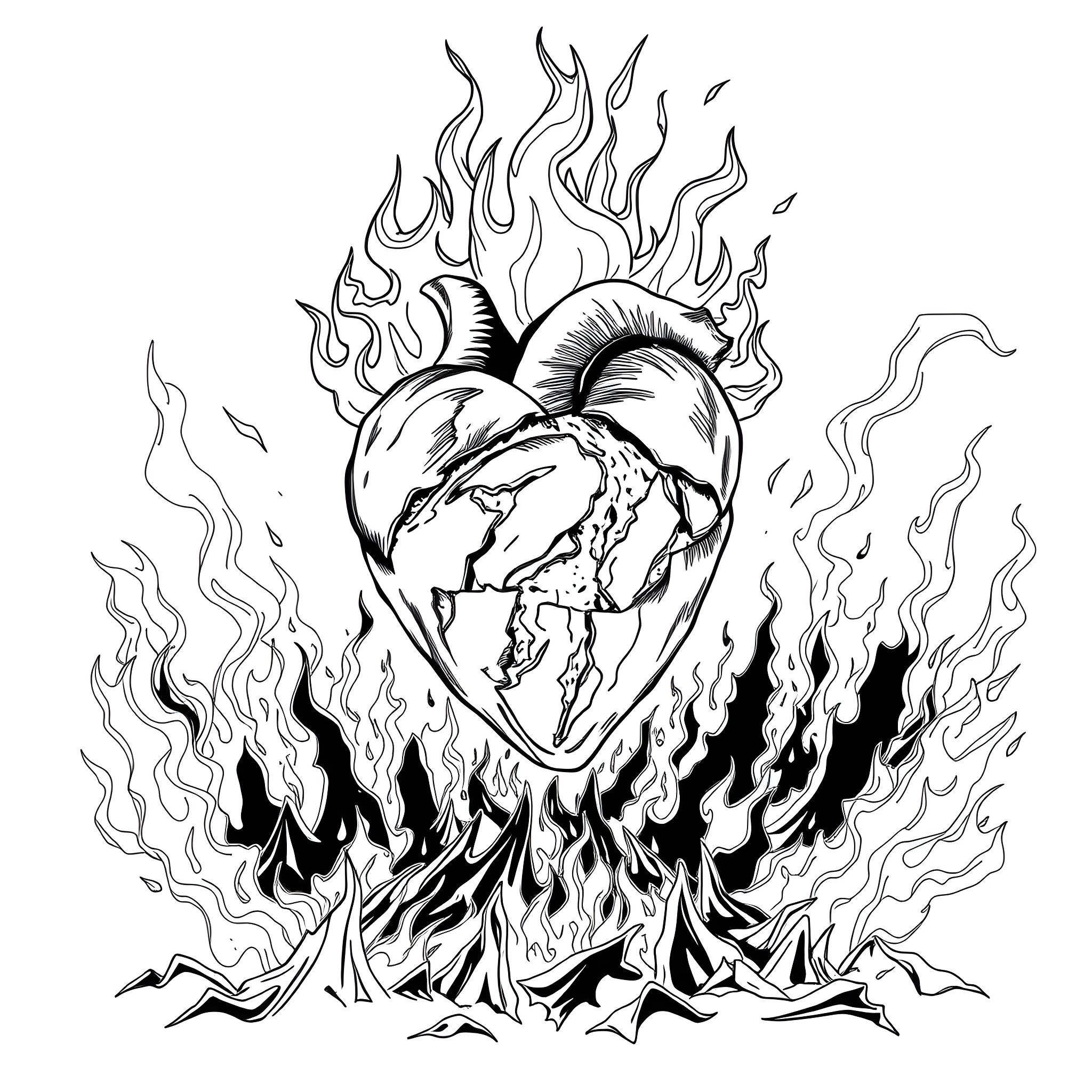 Heart Burning with the World in Flames Coloring Page (free black-and-white line drawing printable PDF for all, from beginners to advanced learners, including children, teens, adults, and seniors)